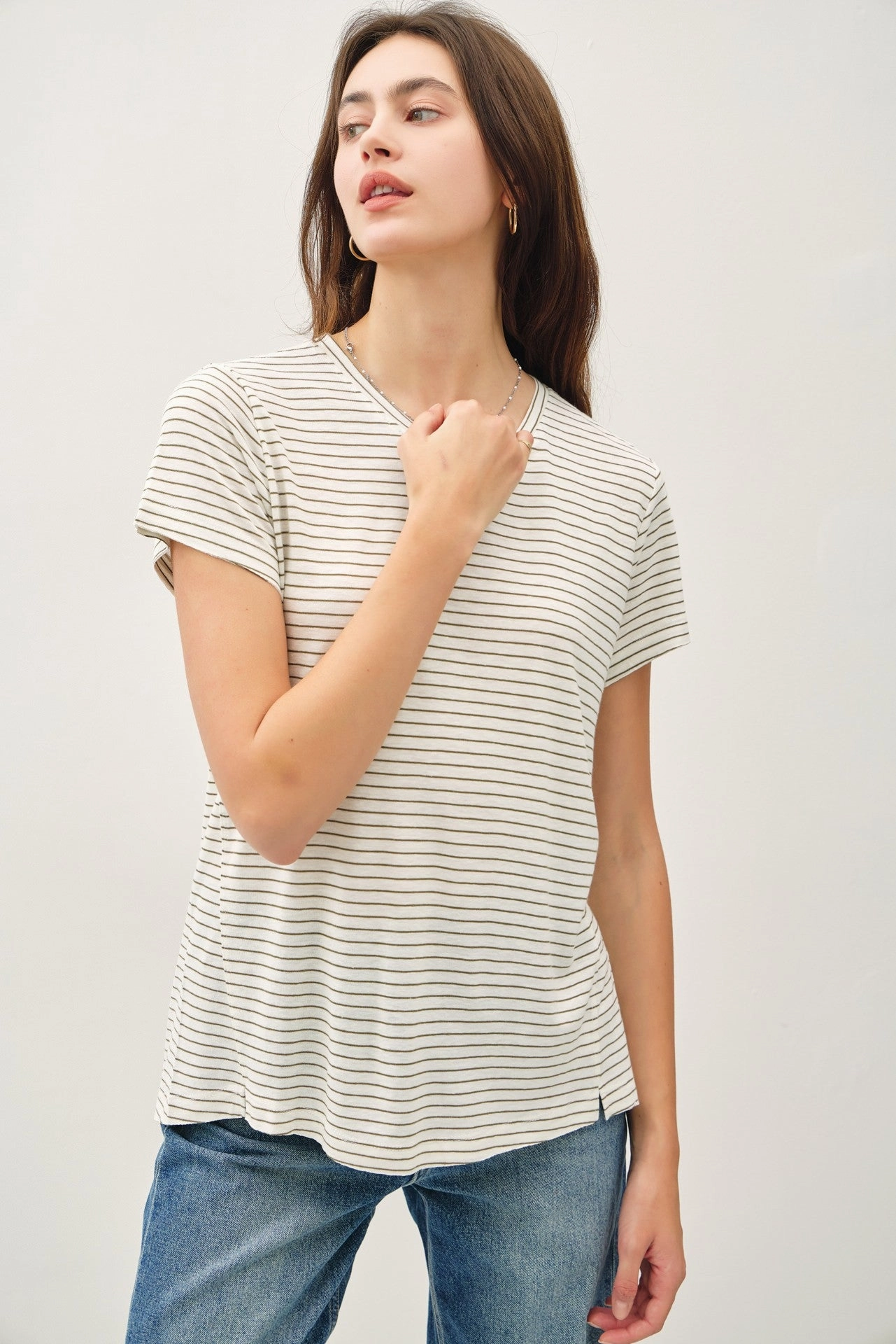 Contrast Stitching LINEN BLEND FINE STRIPE TEE