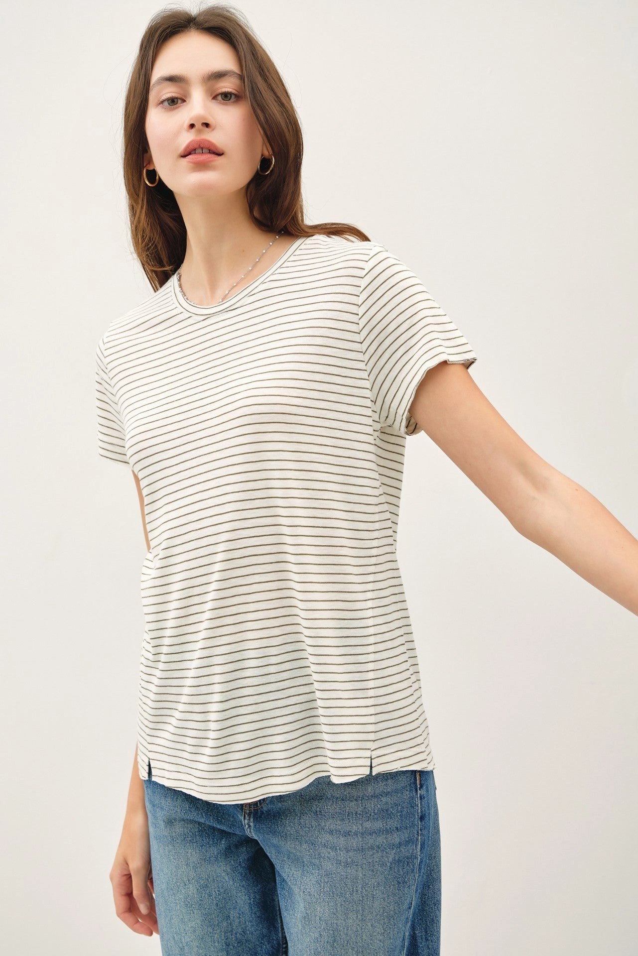 LINEN BLEND FINE STRIPE TEE Machine Fit
