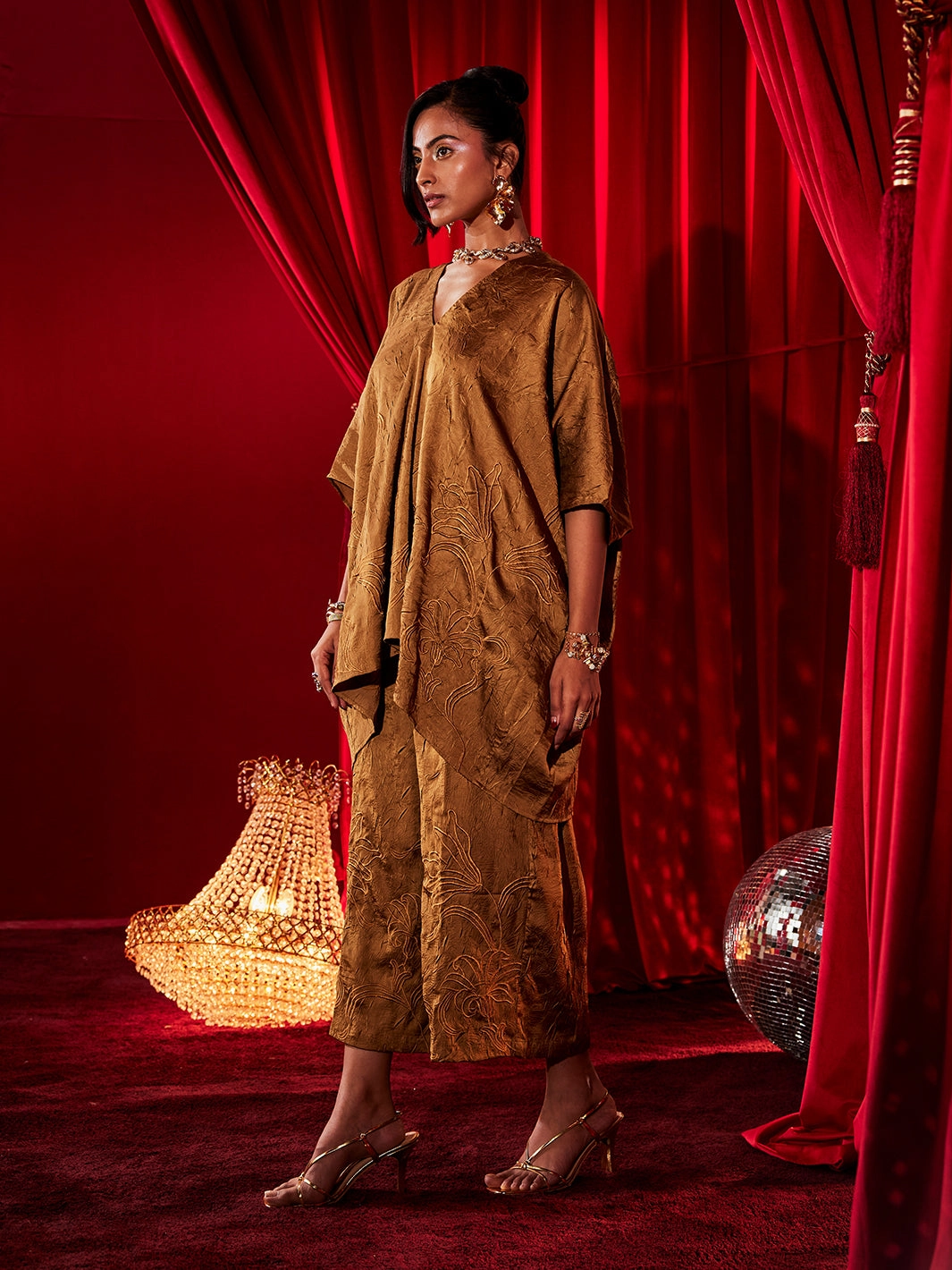 Day-to-evening dress Office Tone Ochre Embroidered Co-ord Set