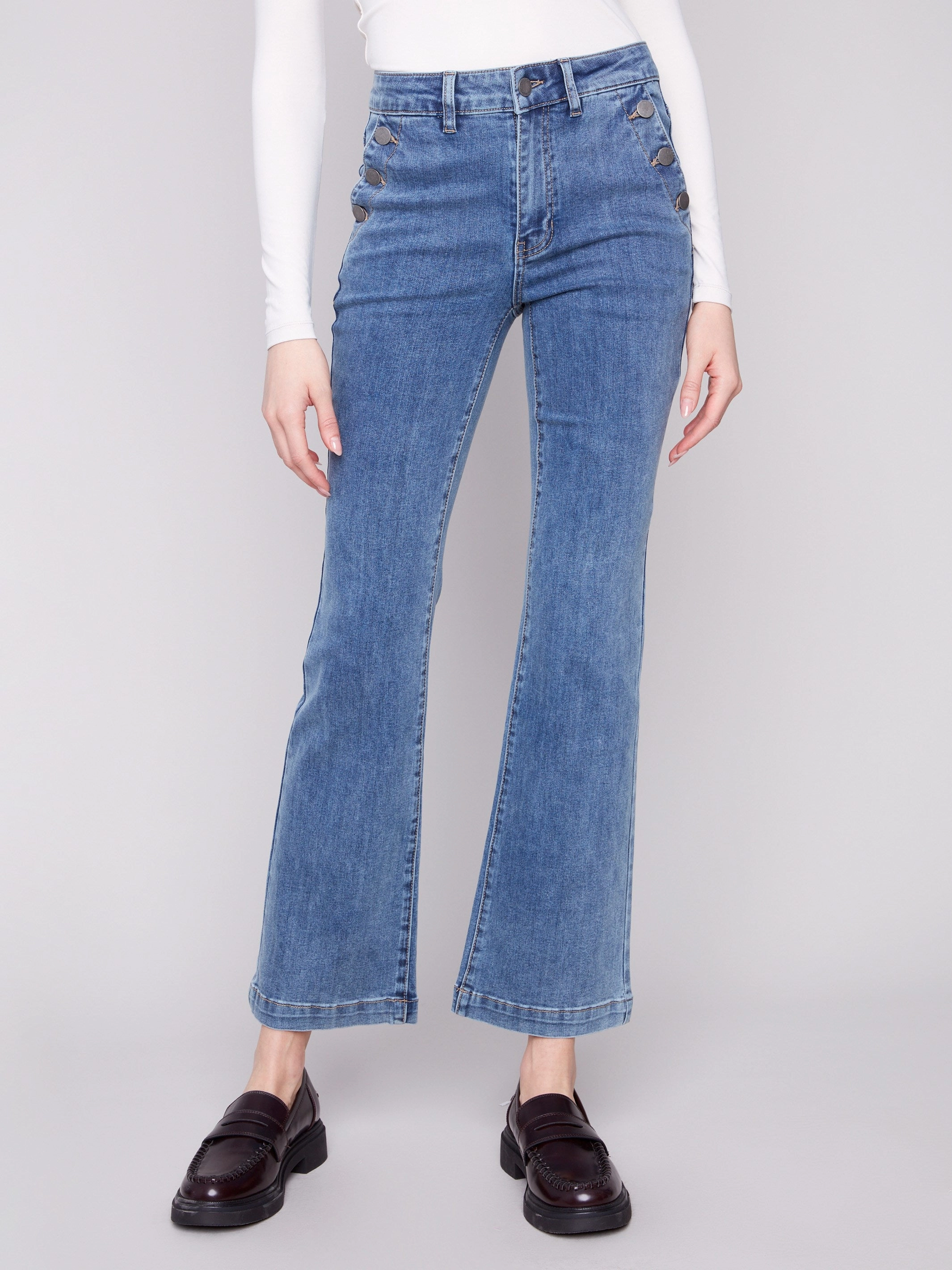 Flare Leg Stretch Jeans With Buttons - Medium Blue Weekend Style Smooth
