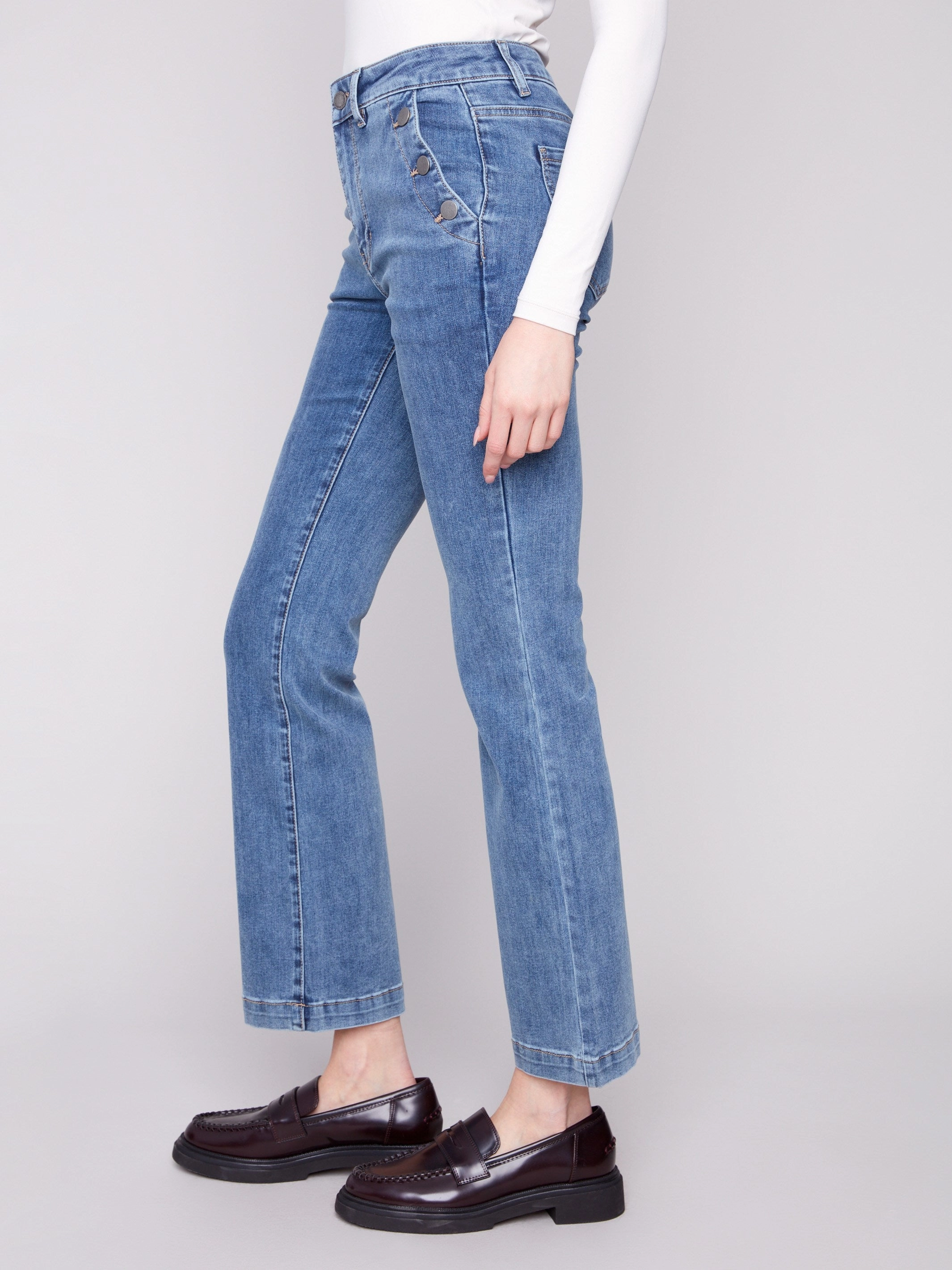 Stretch Unisex Wear Classic Wear Flare Leg Stretch Jeans With Buttons - Medium Blue