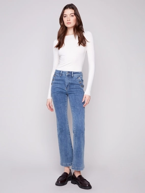 Flare Leg Stretch Jeans With Buttons - Medium Blue comfortable length Weekend Style Stretch Bold Look