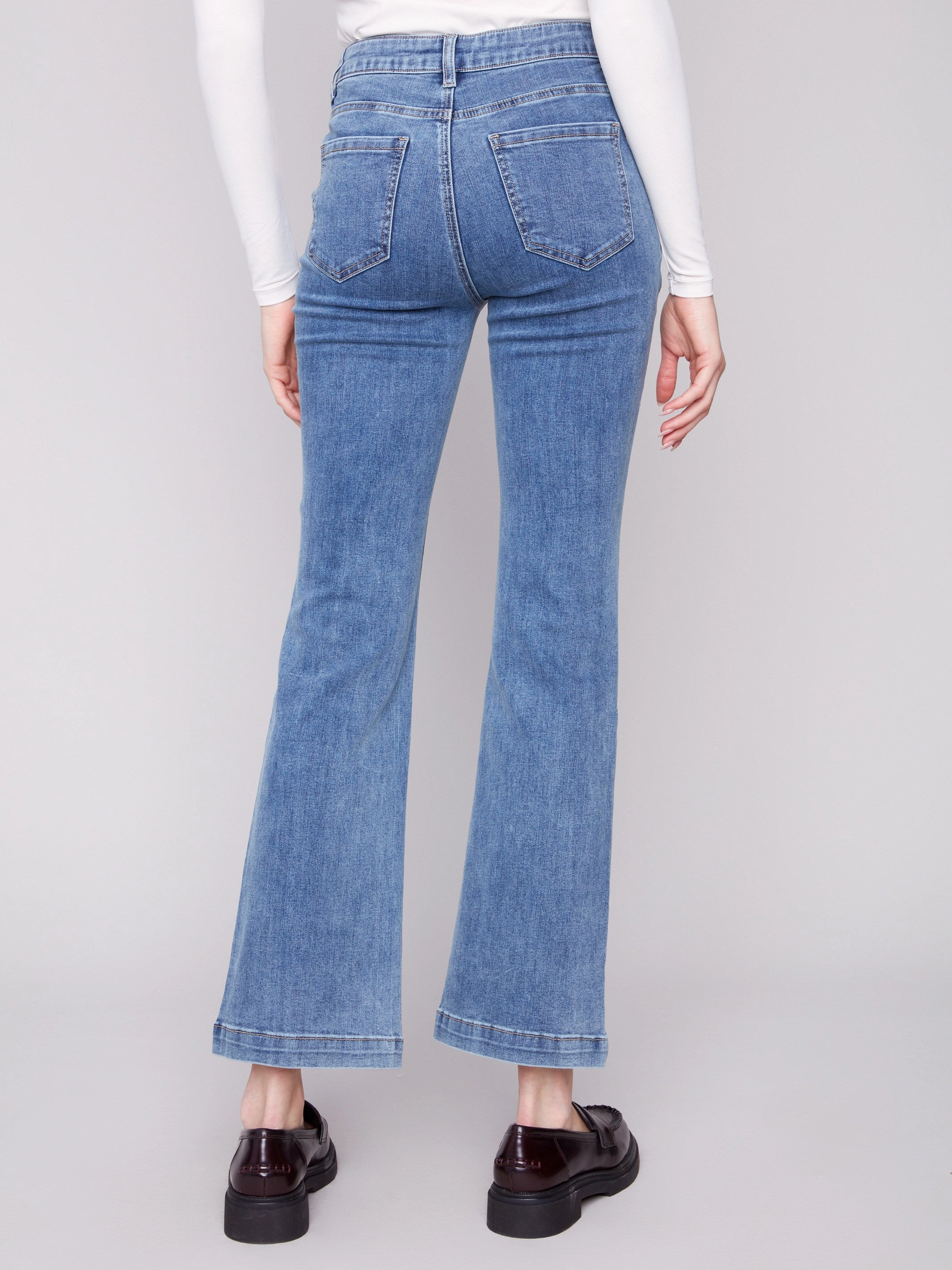 Flare Leg Stretch Jeans With Buttons - Medium Blue Lockstitch Construction