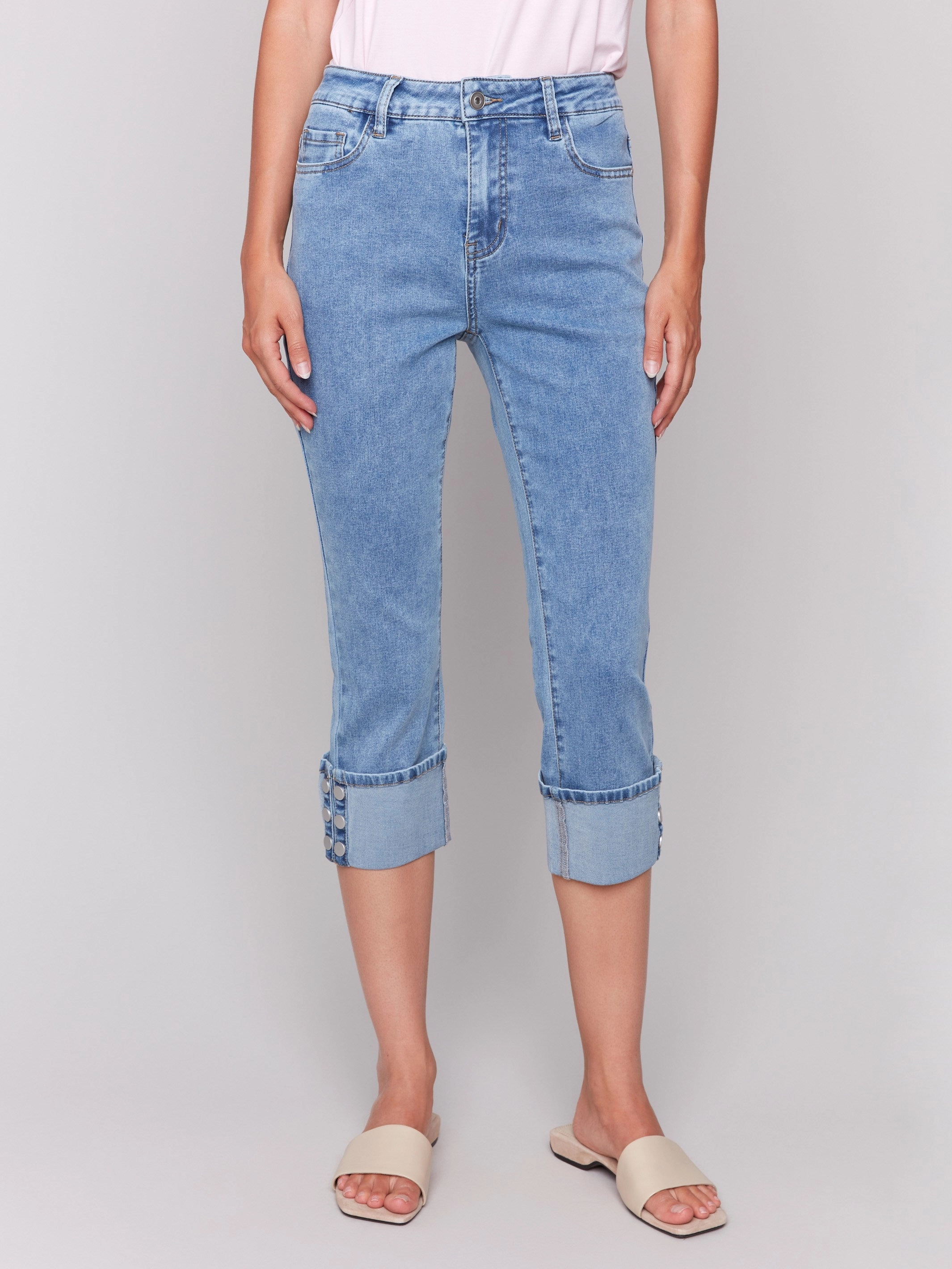 Cropped Jeans with Snap Button Cuff Detail - Light Blue Relaxed Waist Fit