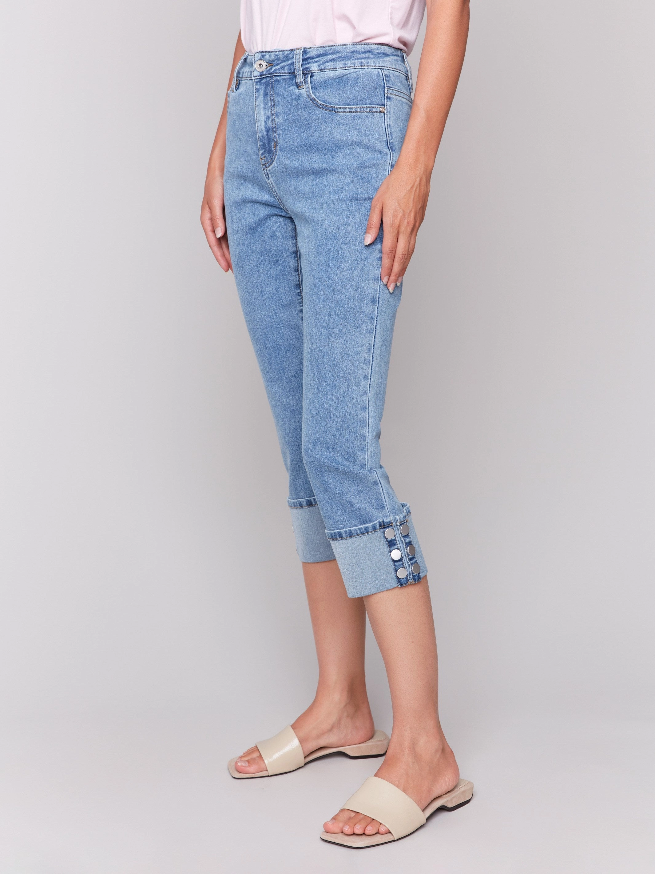 Cropped Jeans with Snap Button Cuff Detail - Light Blue Selvedge Denim