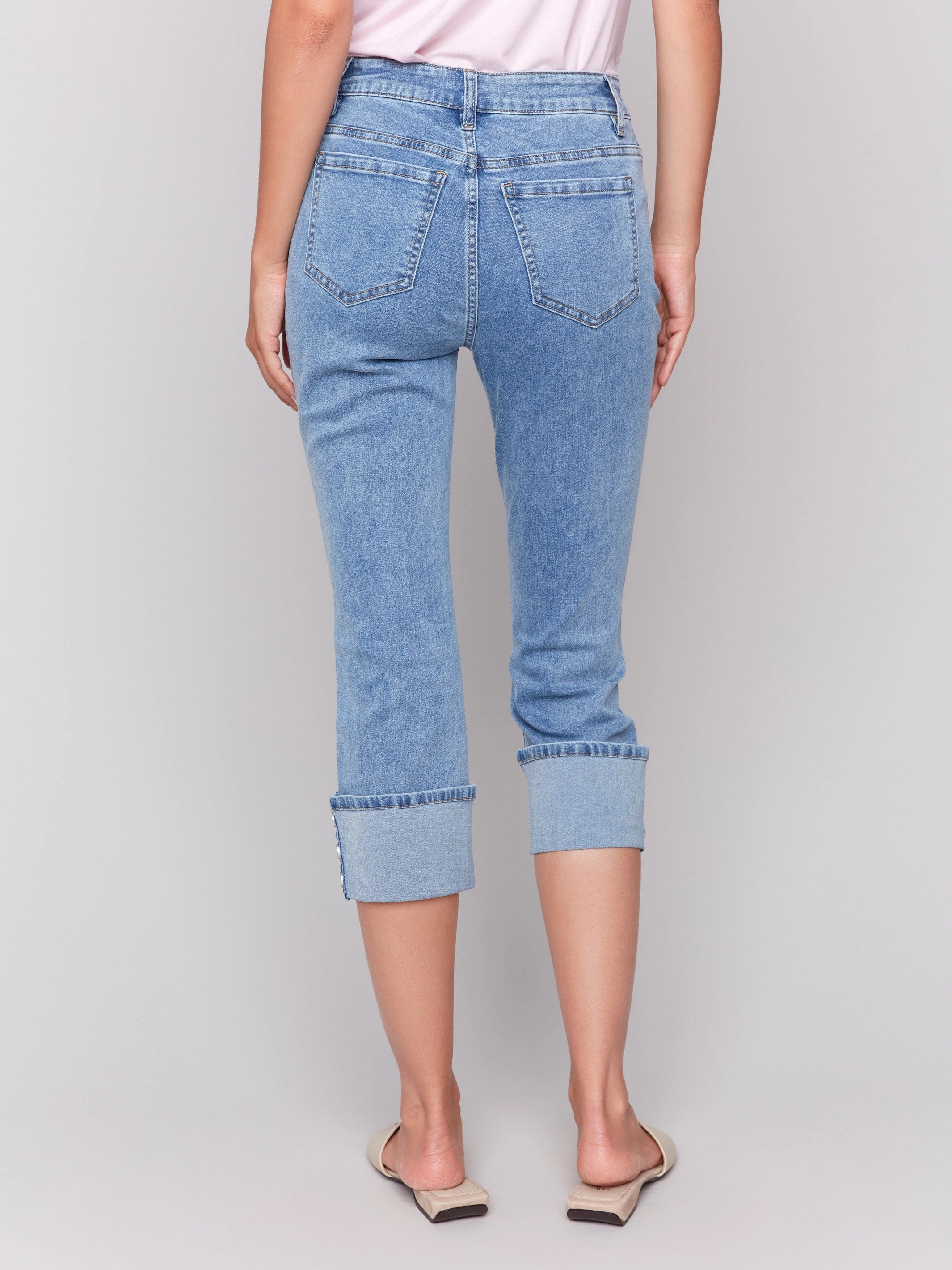 Durable Triple Stitched Seams Chic Fit Cropped Jeans with Snap Button Cuff Detail - Light Blue