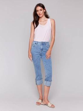 Cropped Jeans with Snap Button Cuff Detail - Light Blue Formal Fashion Lover