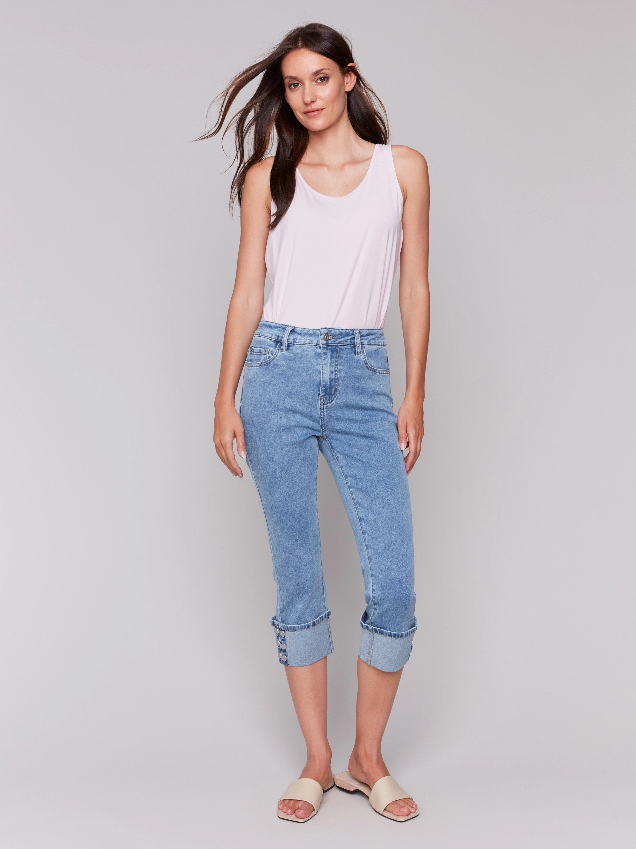 Outdoor Casual Cropped Jeans with Snap Button Cuff Detail - Light Blue