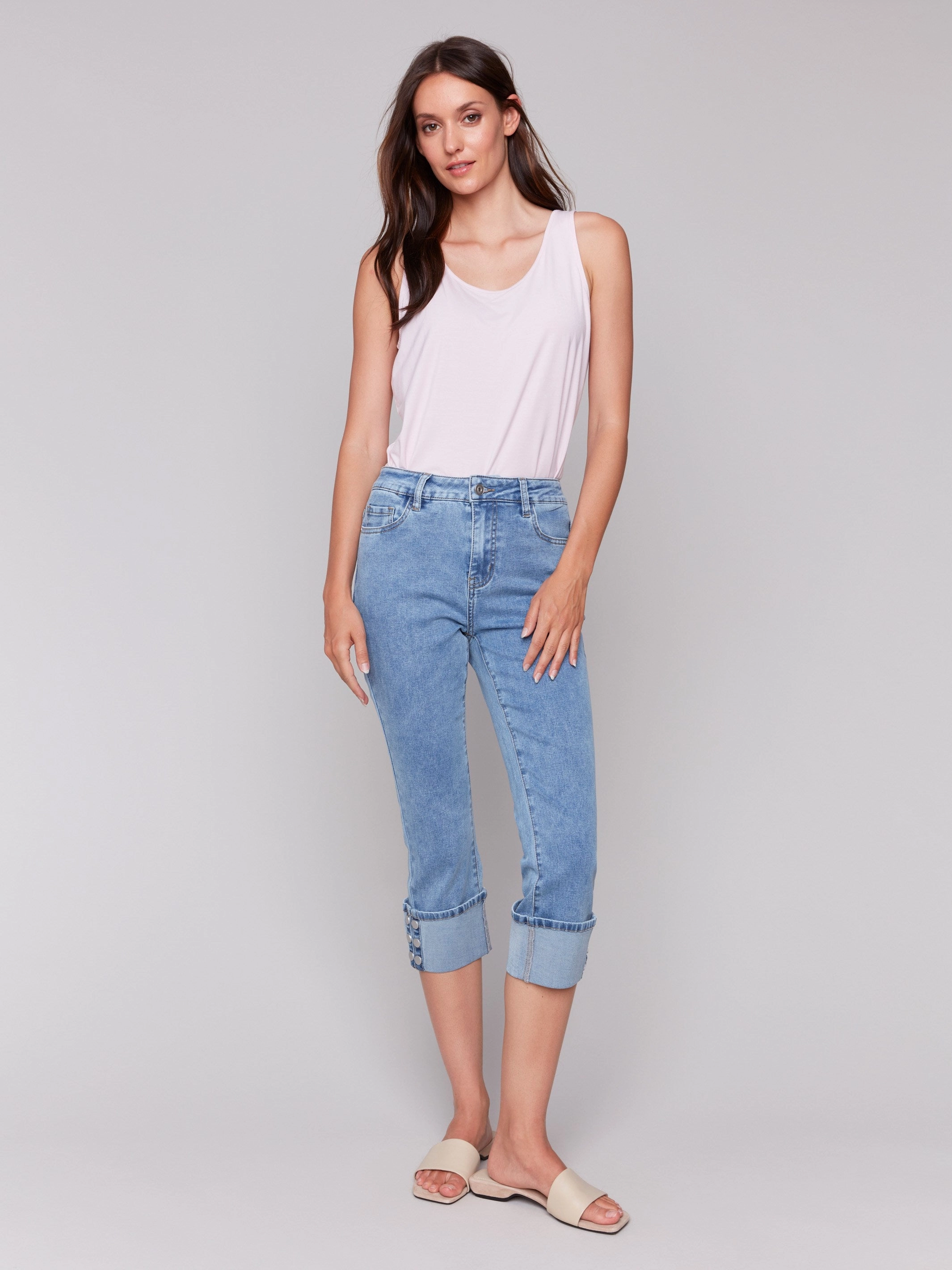 Cropped Jeans with Snap Button Cuff Detail - Light Blue Formal Fashion Lover