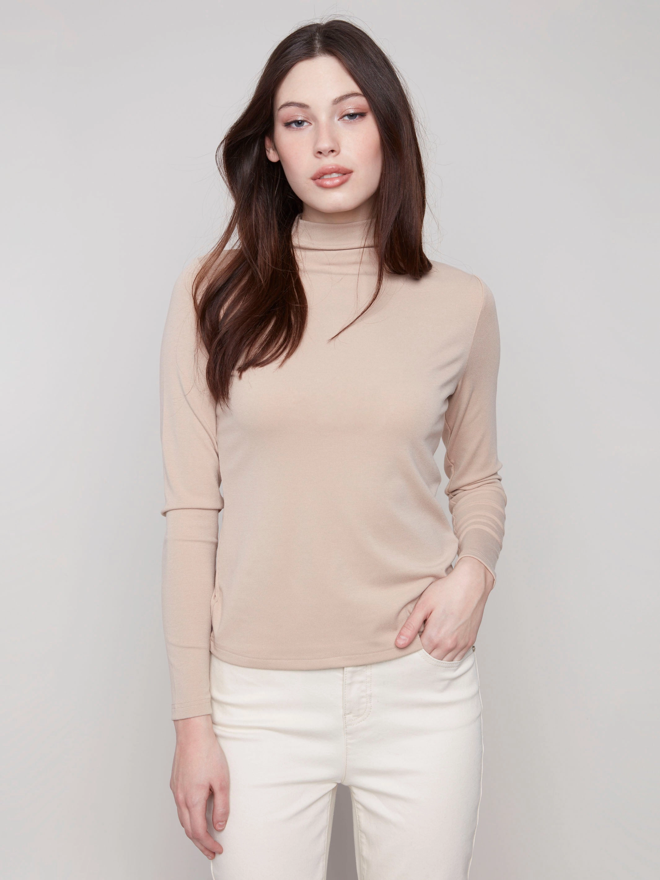 Long Sleeve Mock Neck Top - Sesame Durable Color Retention