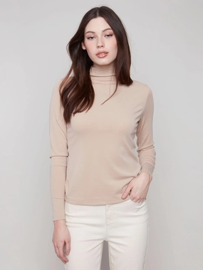 Long Sleeve Mock Neck Top - Sesame Durable Color Retention