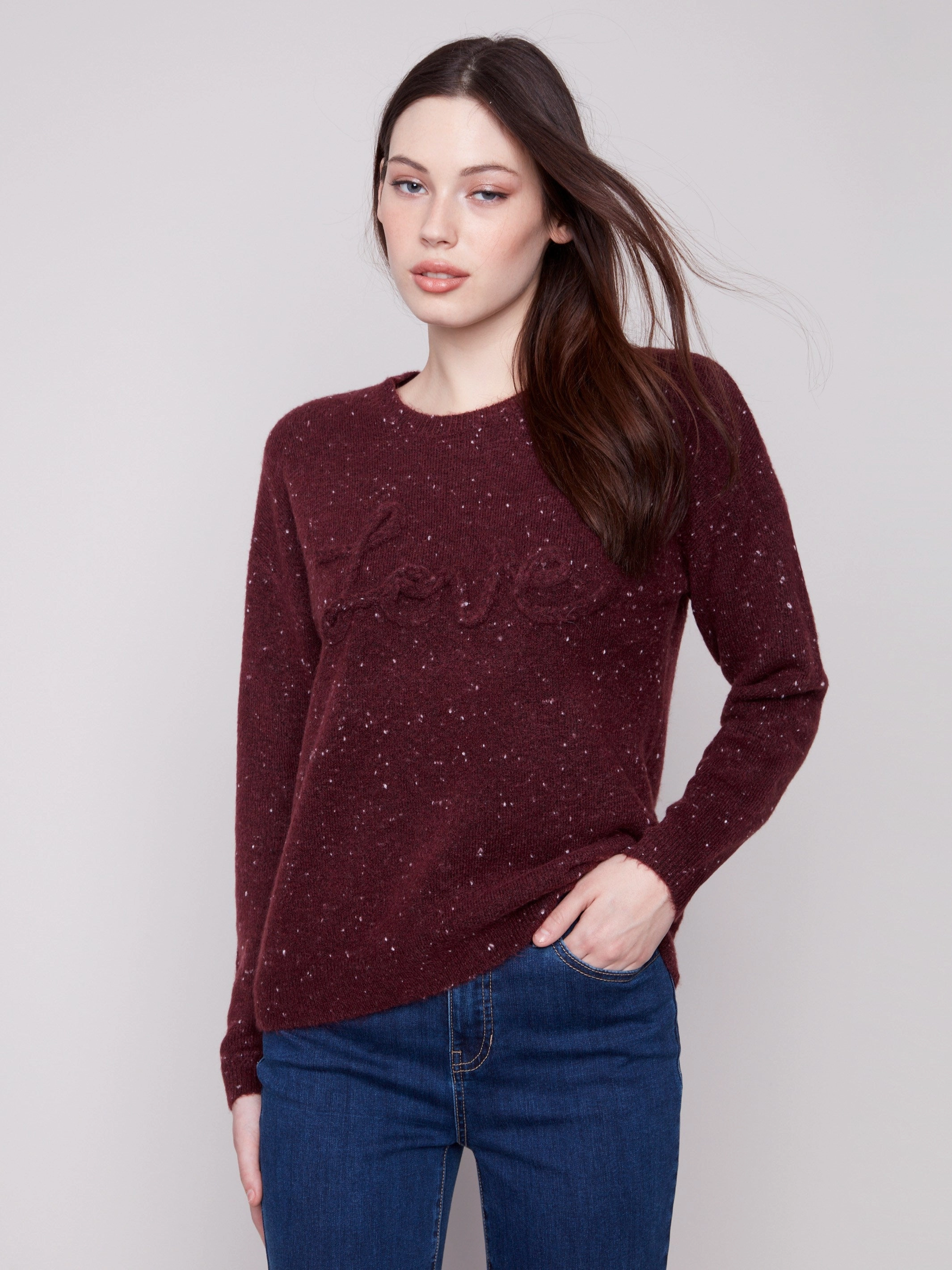 Coastal area Indoor - wear Braided Love Crew Neck Sweater - Cabernet