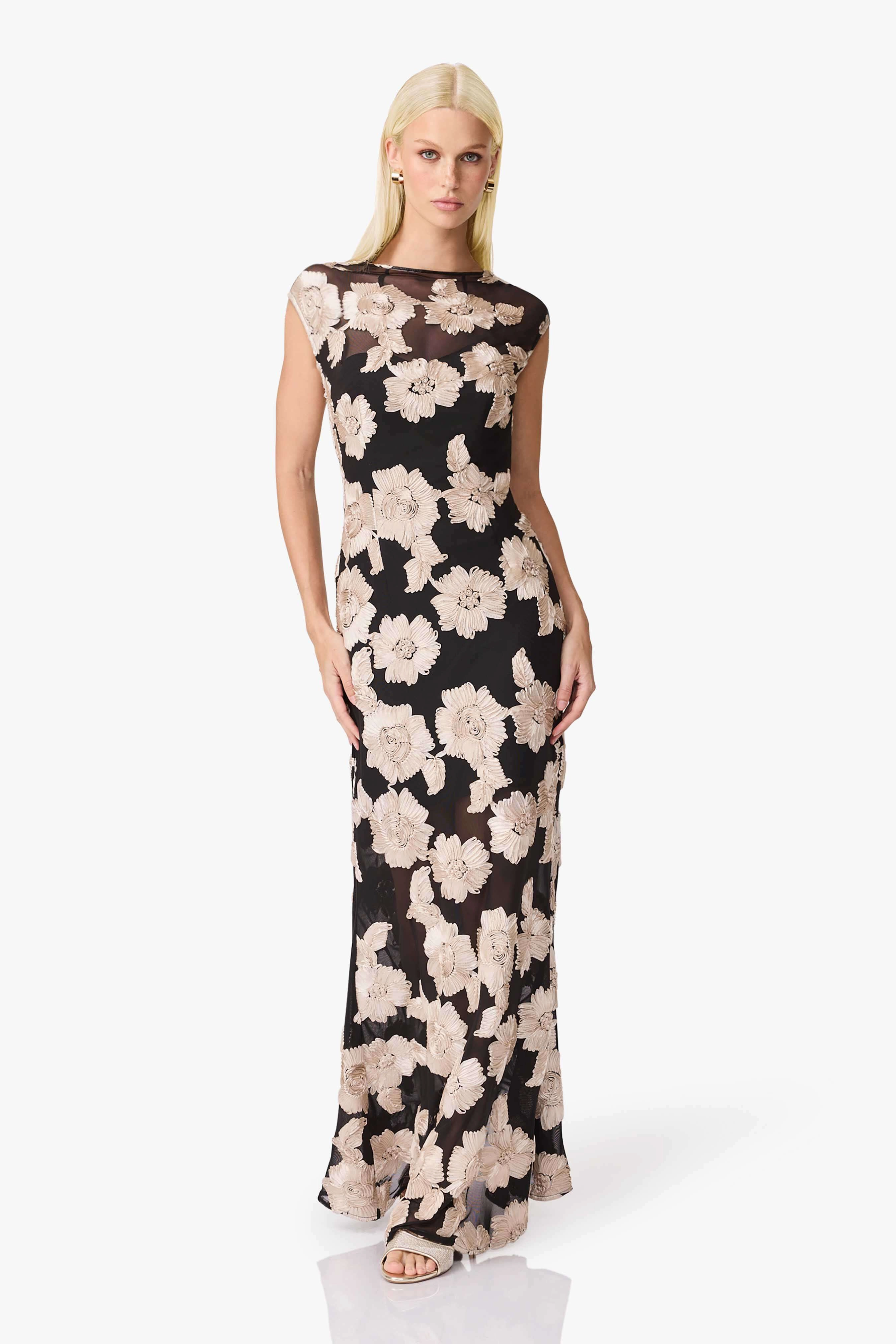 Margaux Fit & Flare Gown in Black & Gold Floral Stylish Look Grace Glow