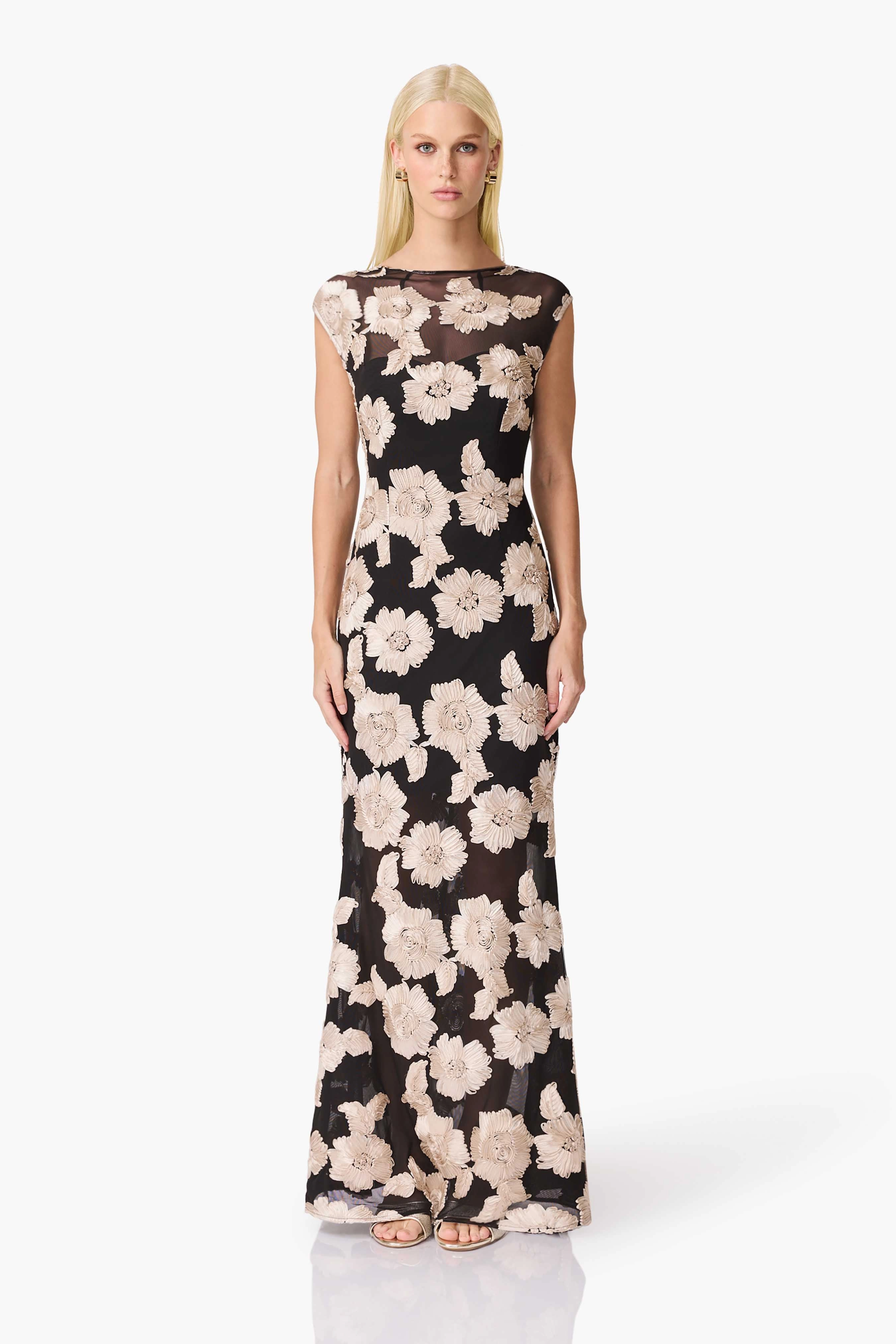Margaux Fit & Flare Gown in Black & Gold Floral Sleek Presence Flare Swing