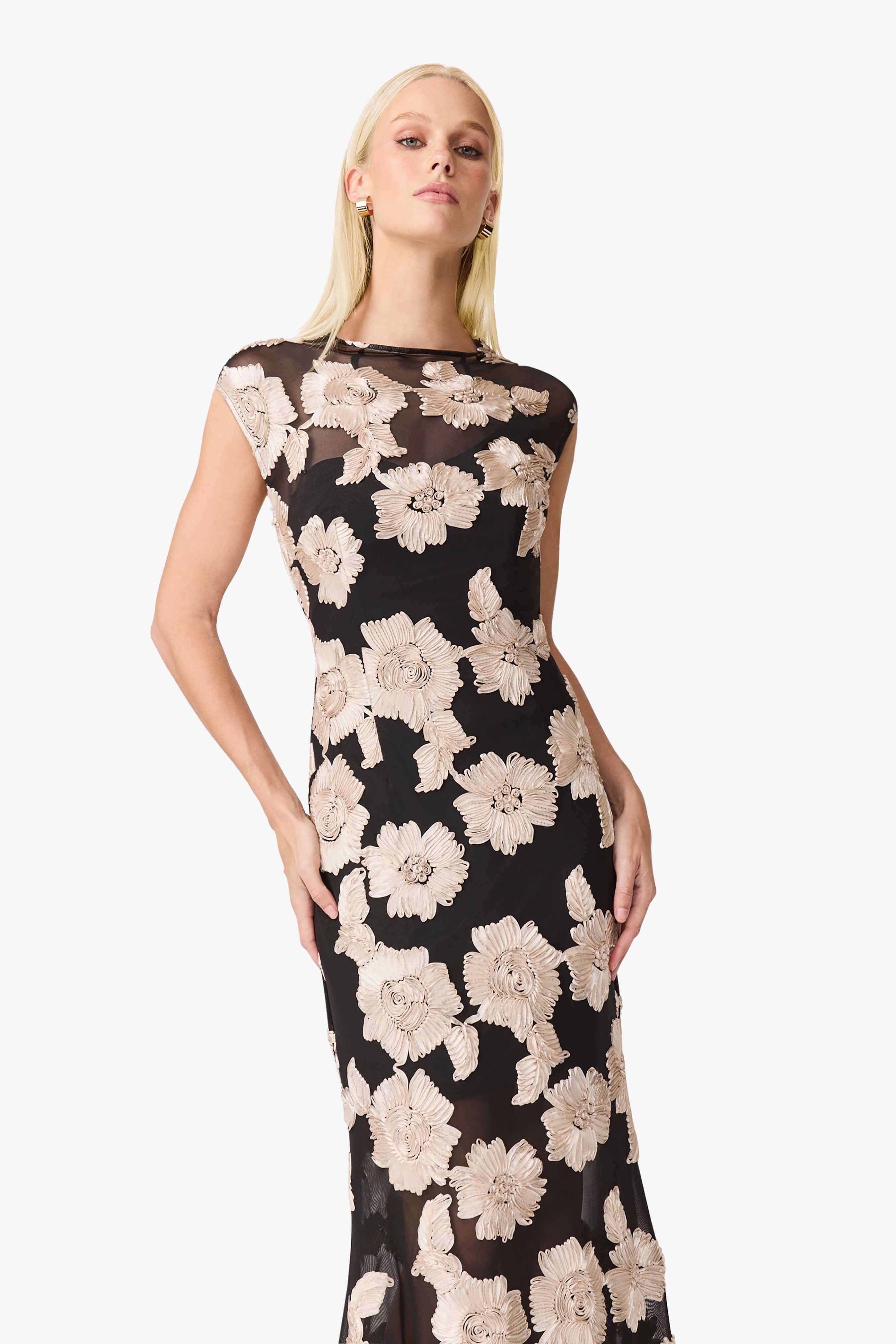 Margaux Fit & Flare Gown in Black & Gold Floral Style Ease