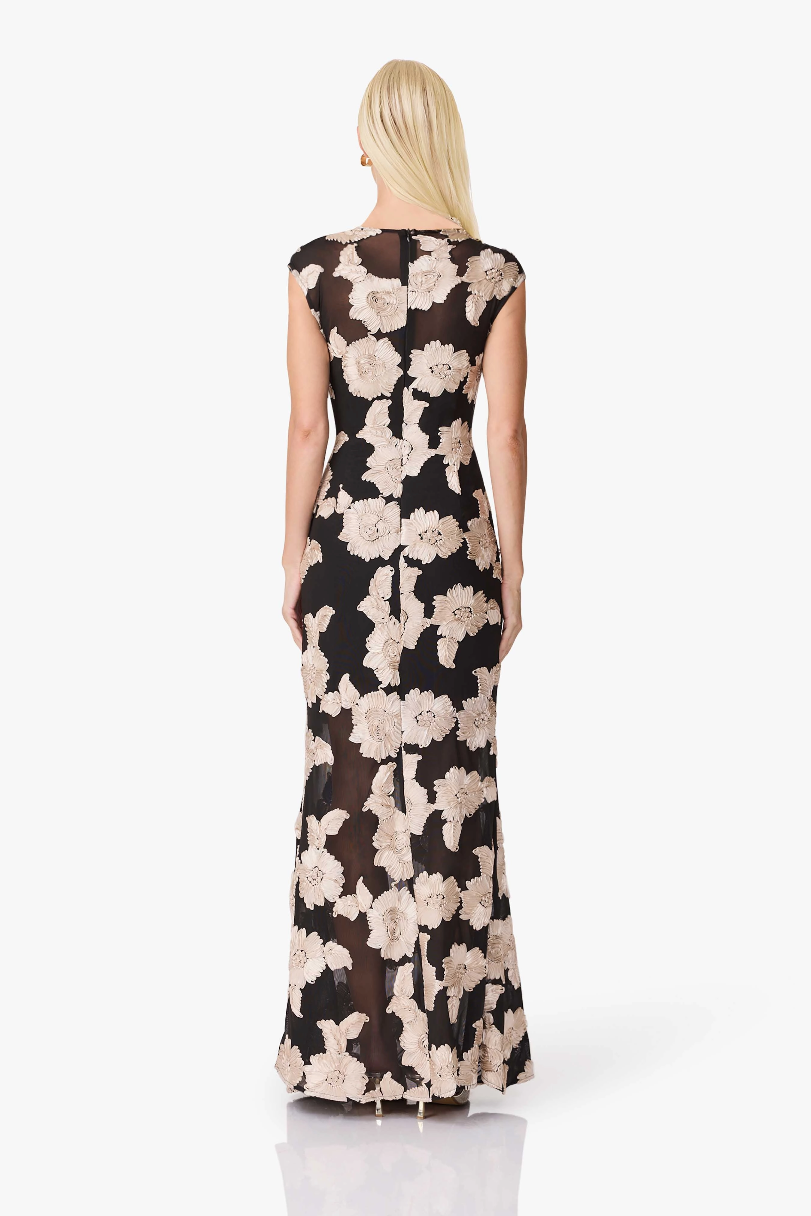 Margaux Fit & Flare Gown in Black & Gold Floral Romantic Style