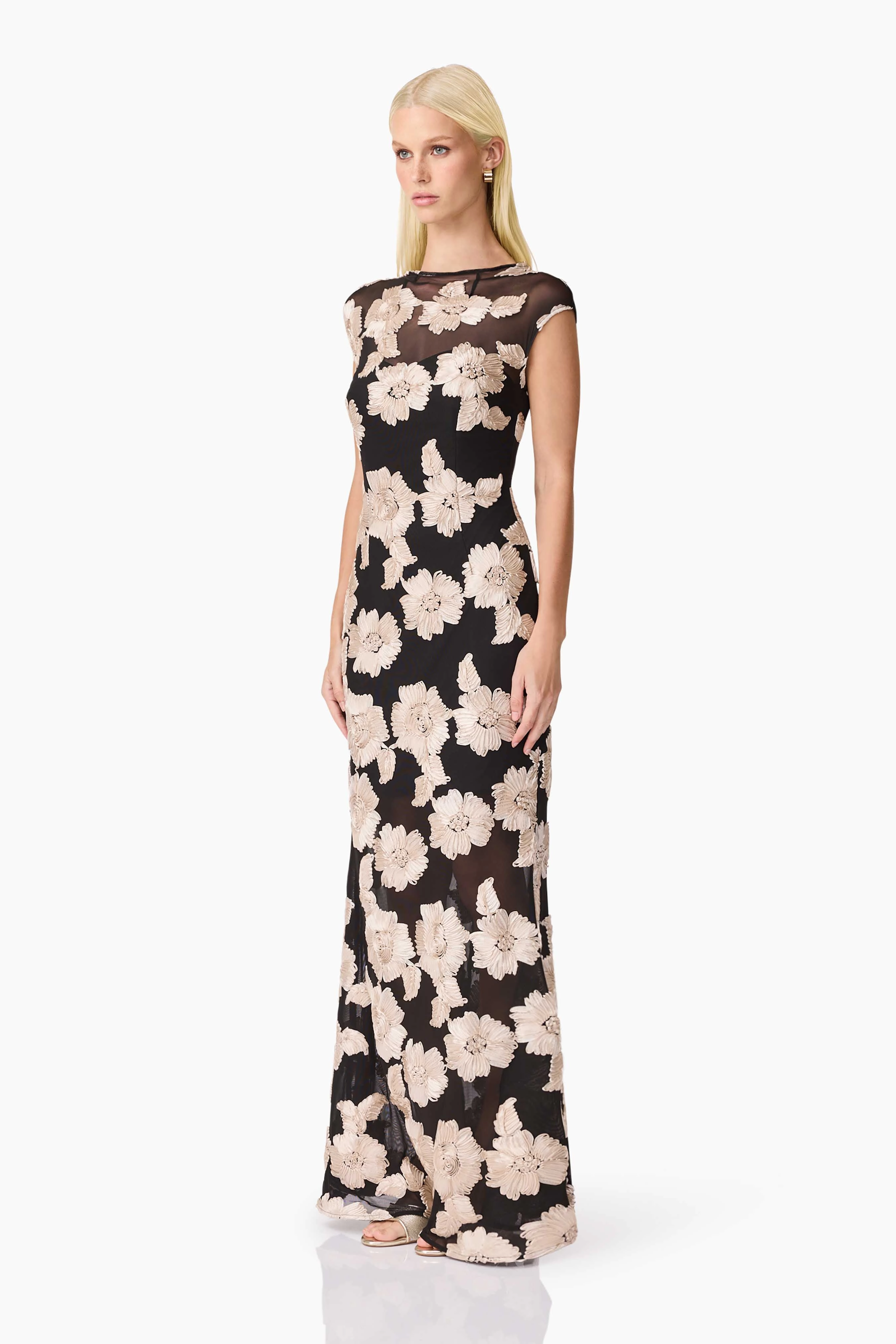 Modern Design Margaux Fit & Flare Gown in Black & Gold Floral