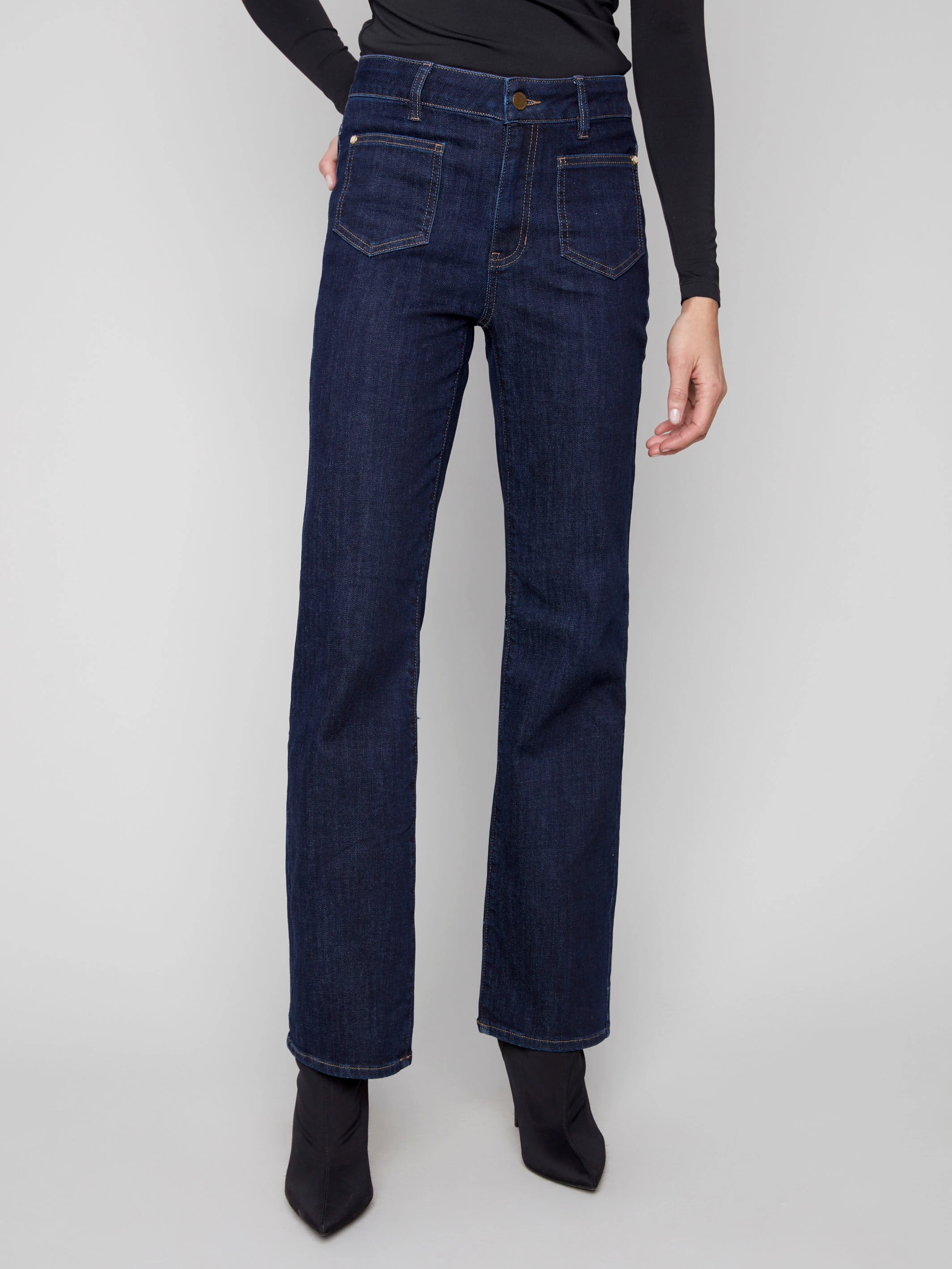 Vintage Lover Loose Patch Pocket Flare Jeans With Rivets - Deep Blue