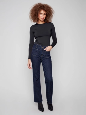 Perfect Waist Style Combo Patch Pocket Flare Jeans With Rivets - Deep Blue