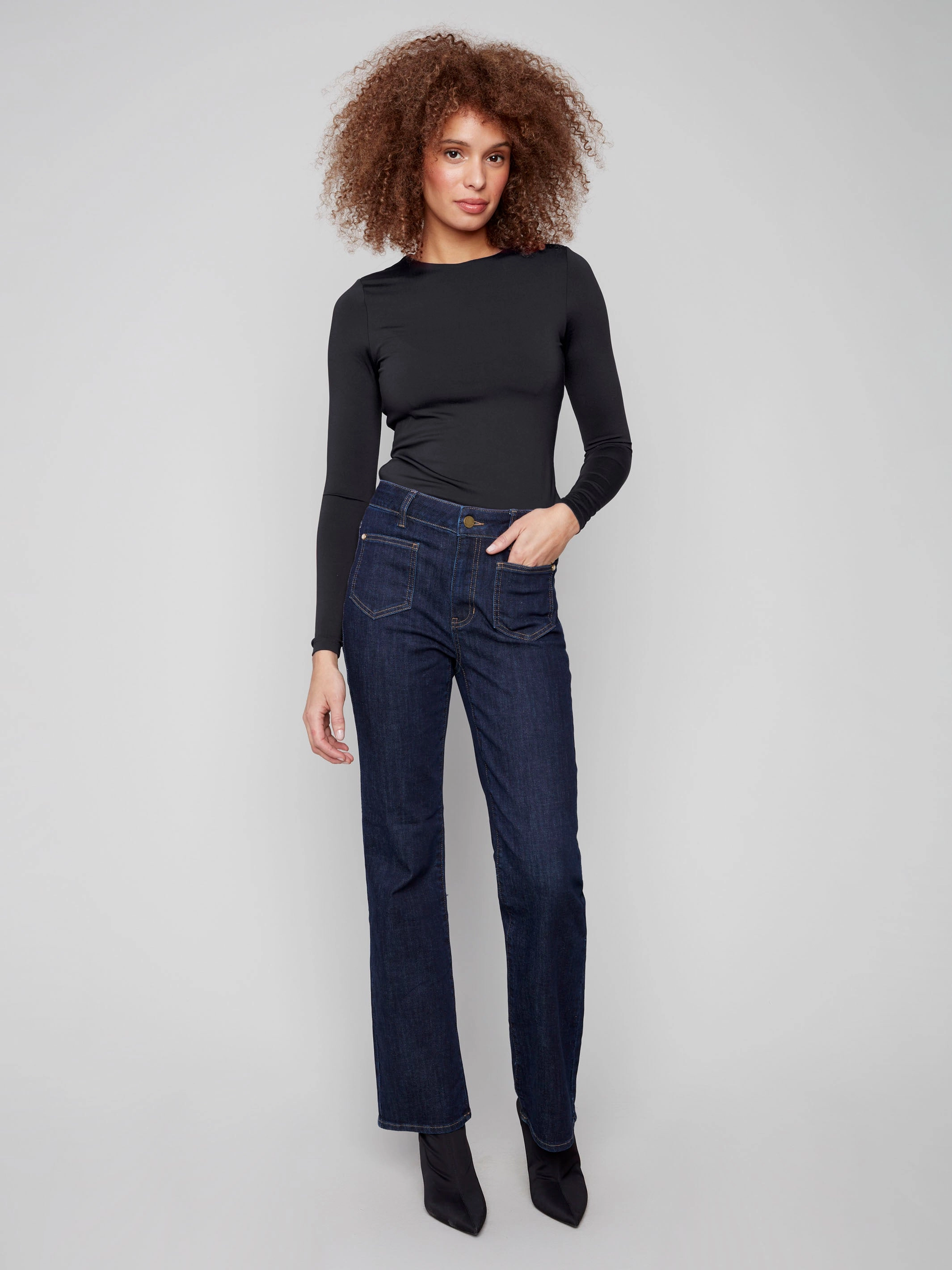 Perfect Waist Style Combo Patch Pocket Flare Jeans With Rivets - Deep Blue
