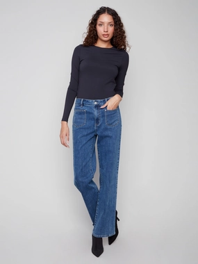 Patch Pocket Flare Jeans With Rivets - Medium Blue Casual Spring Mood Classic Wear