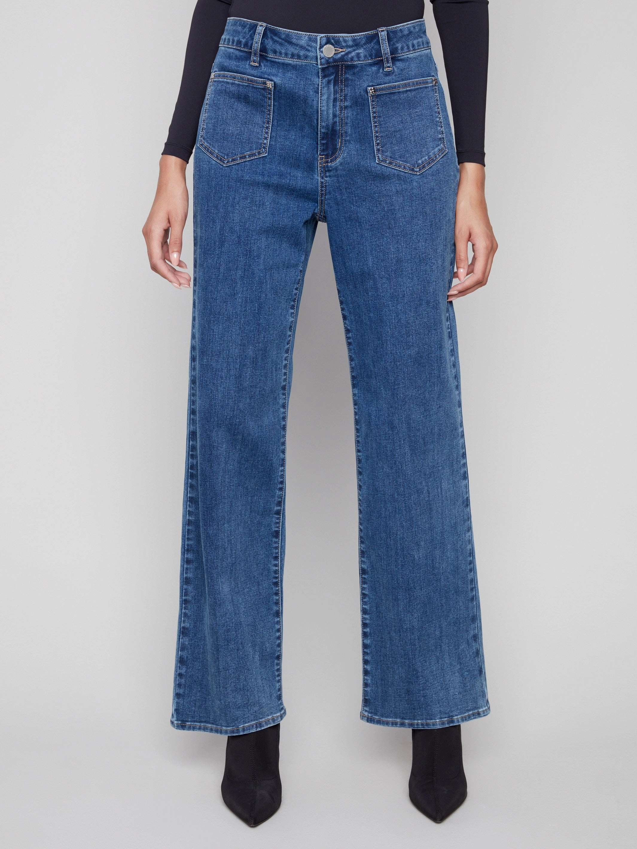 Patch Pocket Flare Jeans With Rivets - Medium Blue All Round Wear