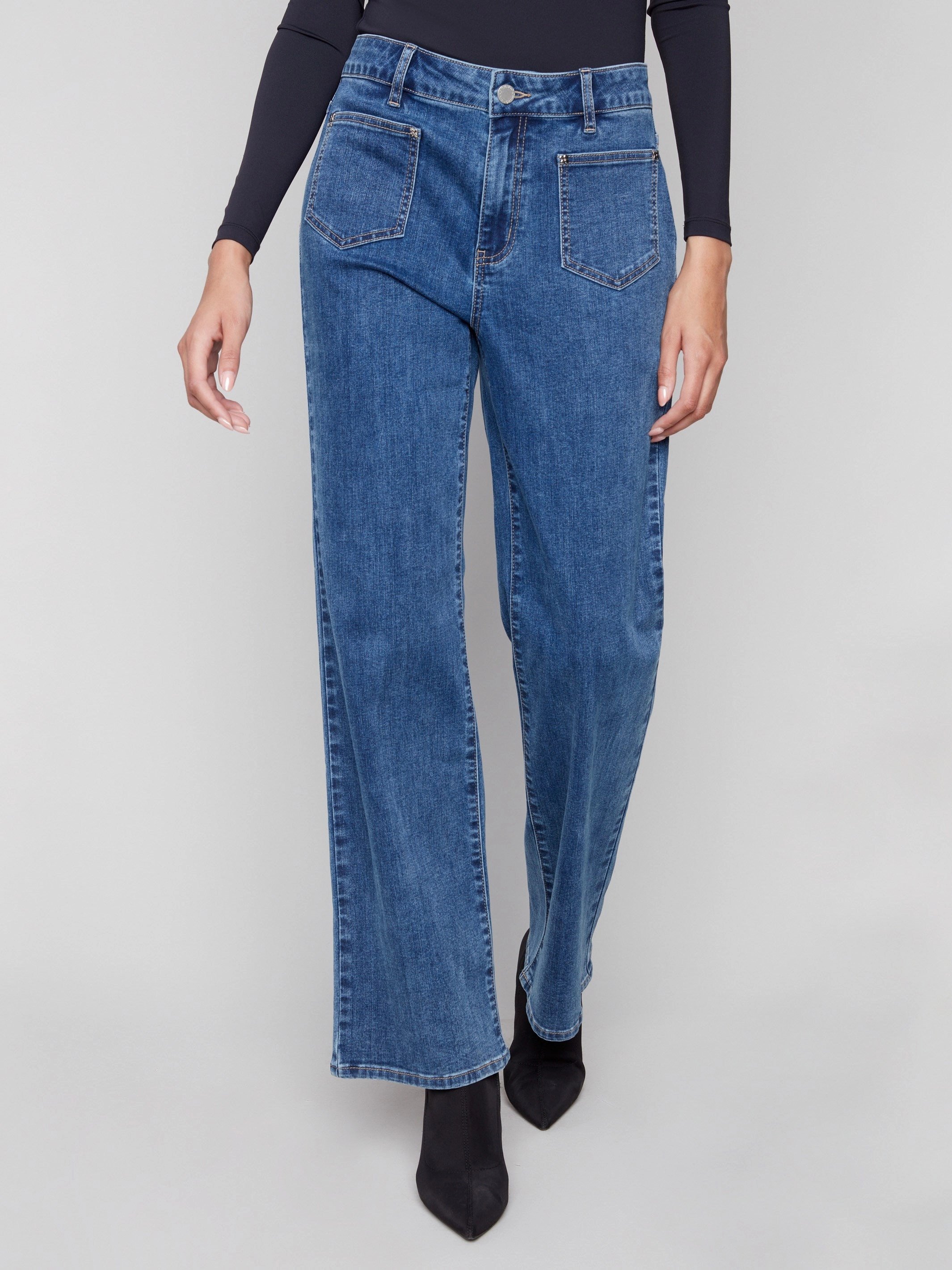 Low Impact Dye Patch Pocket Flare Jeans With Rivets - Medium Blue
