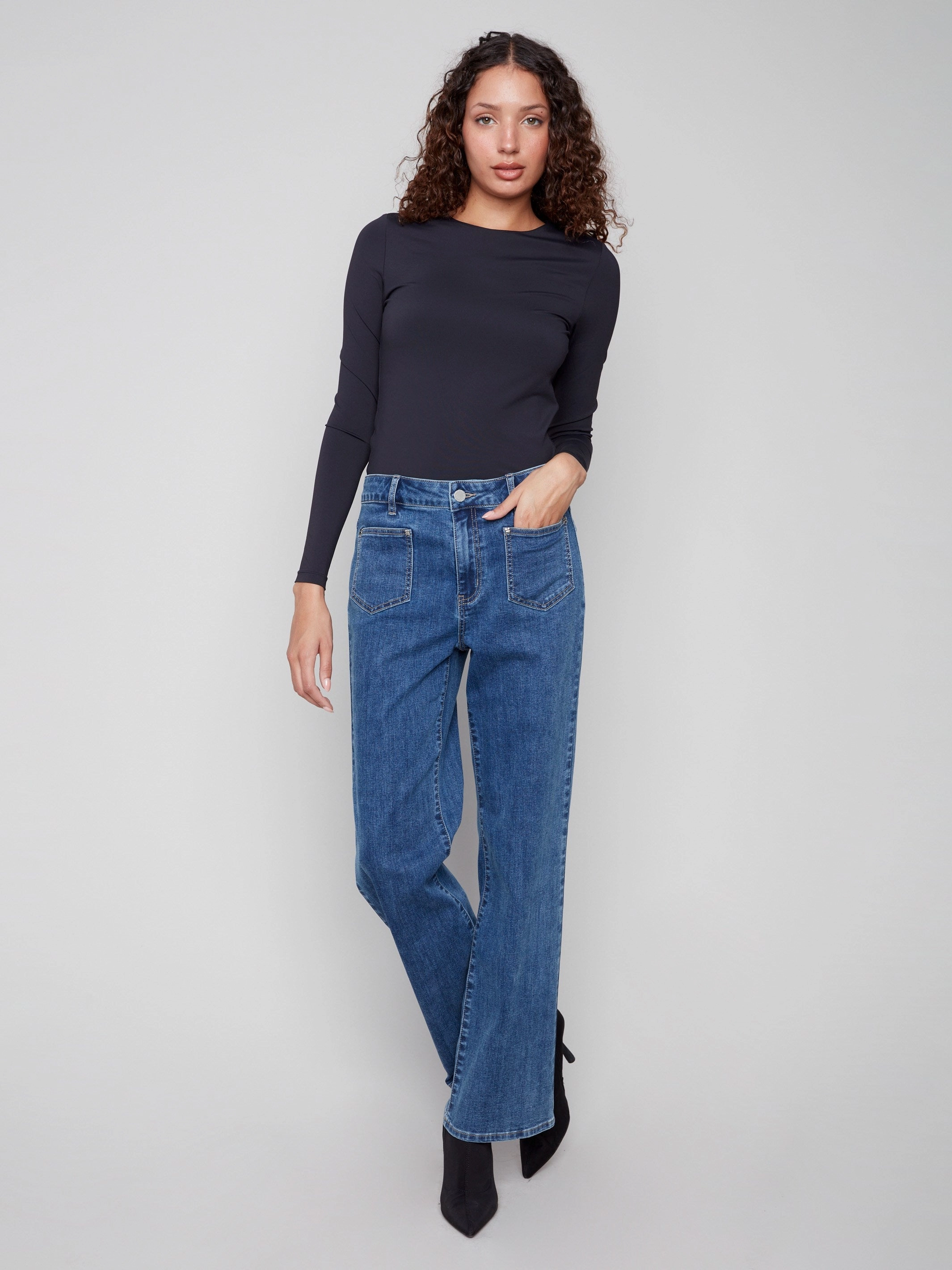 Patch Pocket Flare Jeans With Rivets - Medium Blue Casual Spring Mood Classic Wear