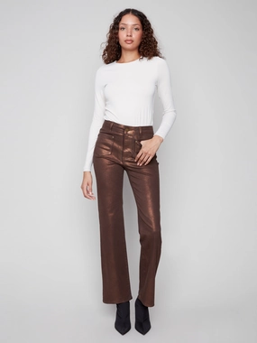 Patch Pocket Flare Metallic Twill Pants With Rivets - Bronze Neutral Loose Functional Comfort