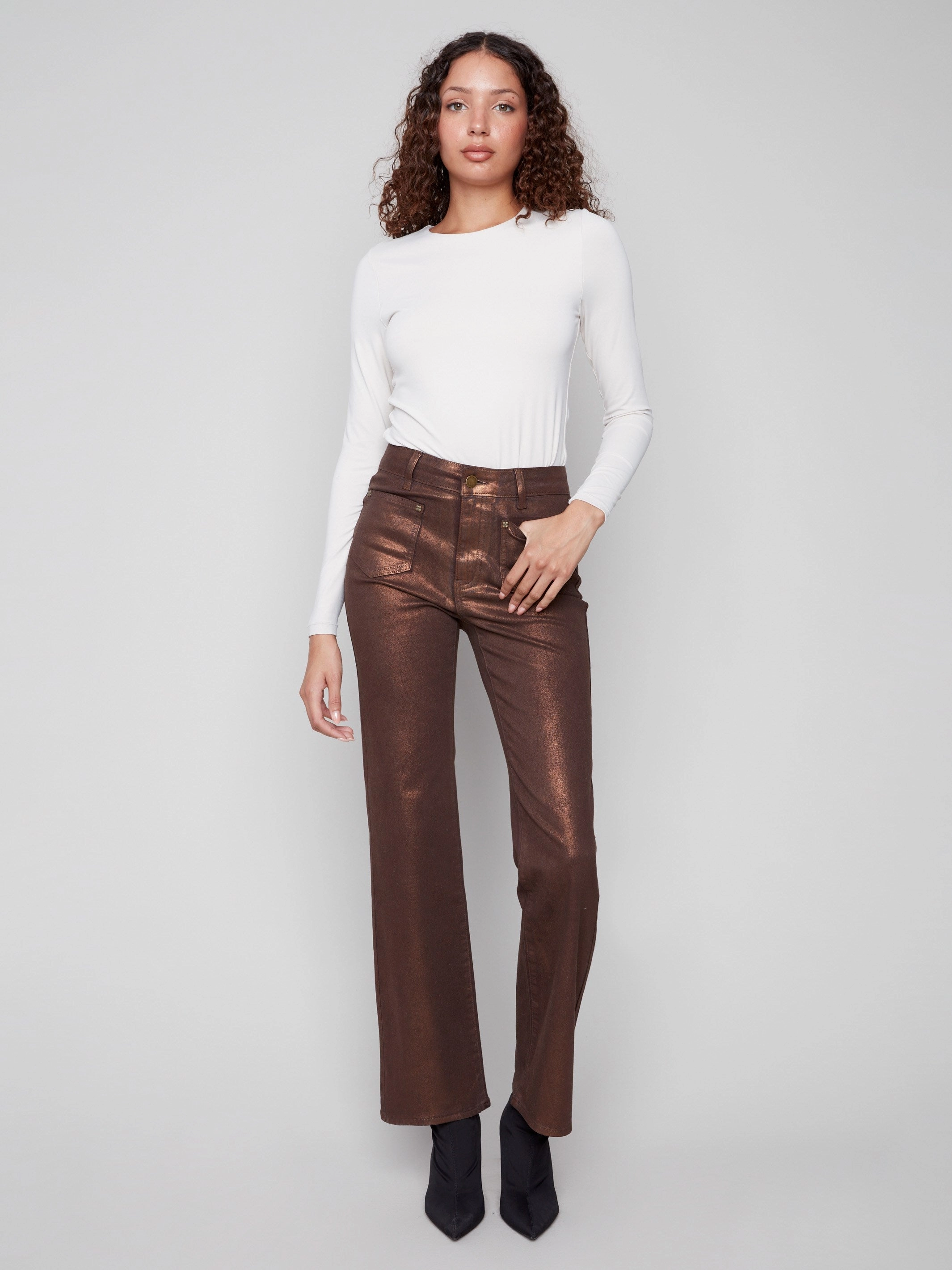 Patch Pocket Flare Metallic Twill Pants With Rivets - Bronze Neutral Loose Functional Comfort