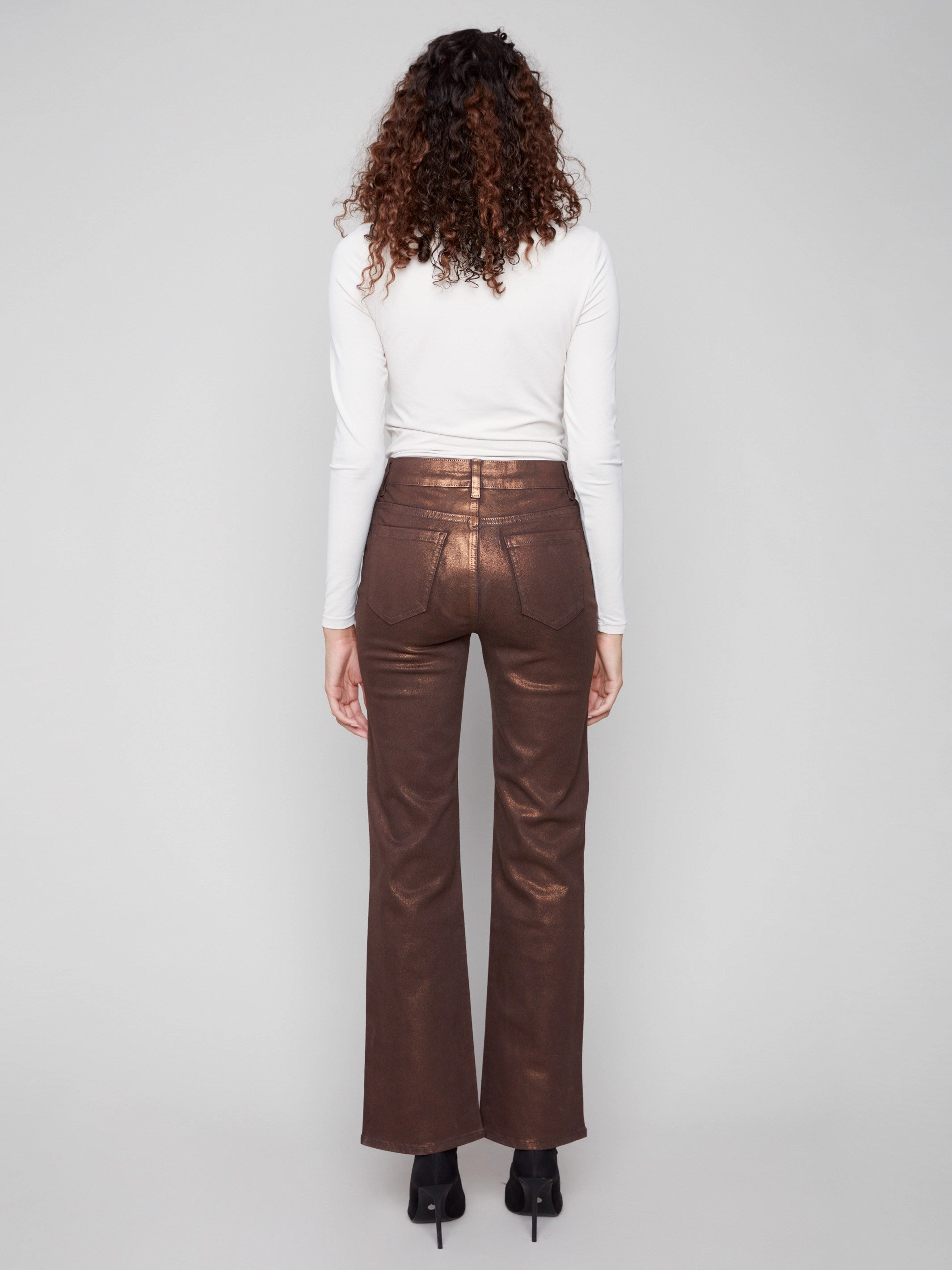 Patch Pocket Flare Metallic Twill Pants With Rivets - Bronze Weekend Warrior Luxury Athlete Fit