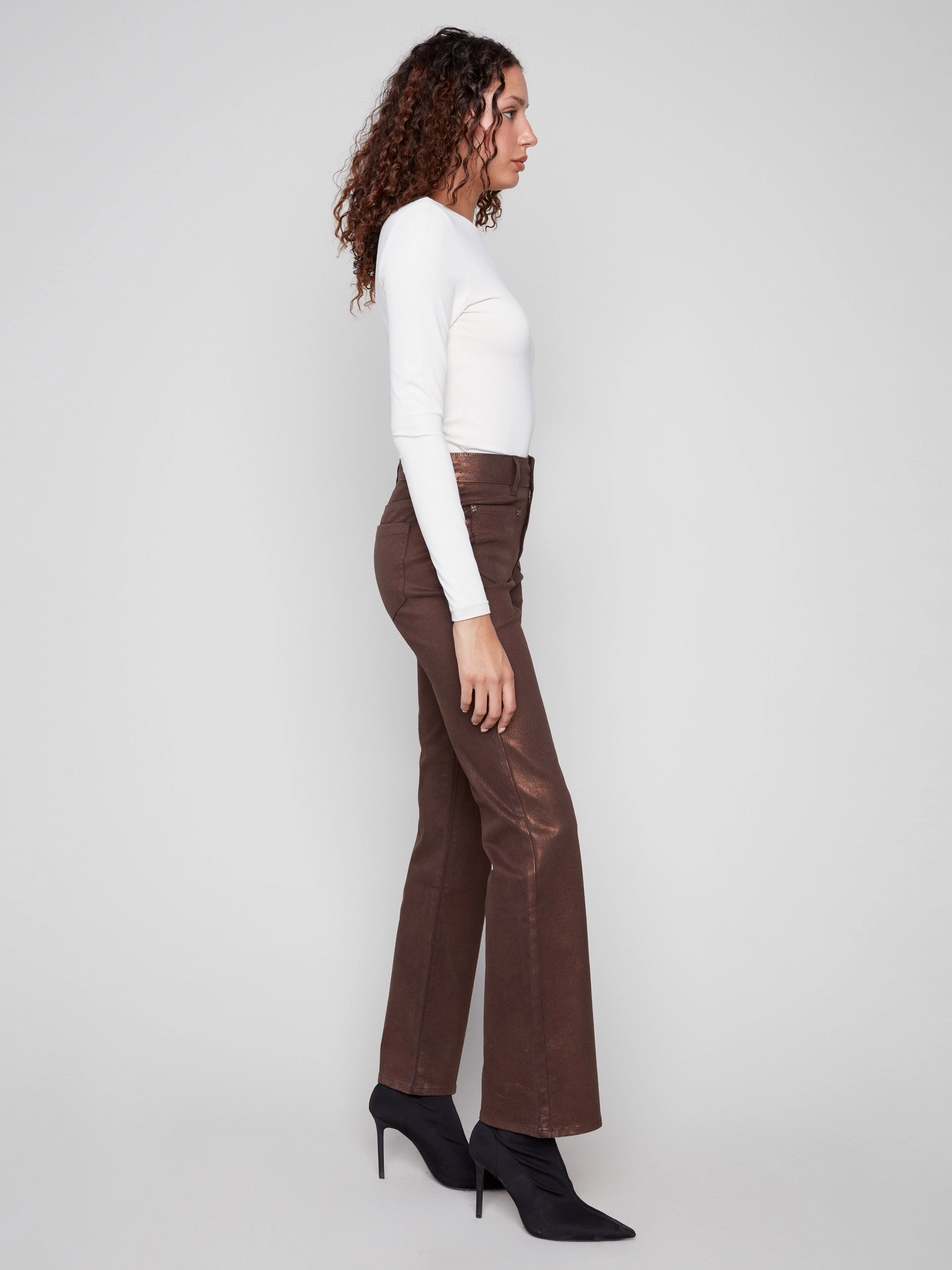 Patch Pocket Flare Metallic Twill Pants With Rivets - Bronze Everyday Comfort Wear