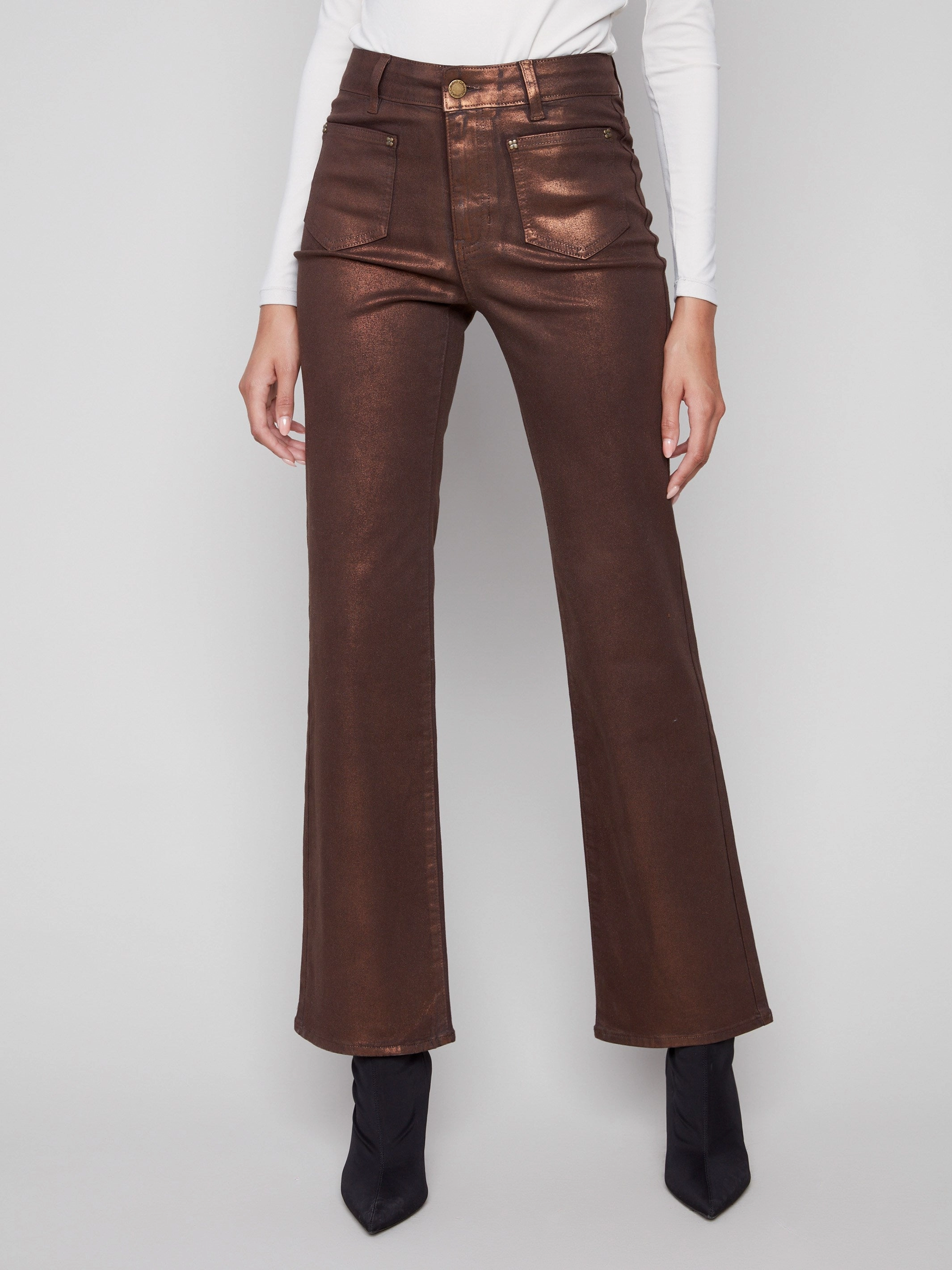Patch Pocket Flare Metallic Twill Pants With Rivets - Bronze Loose Outdoor Adventure Work Meeting Stretch Free Fit