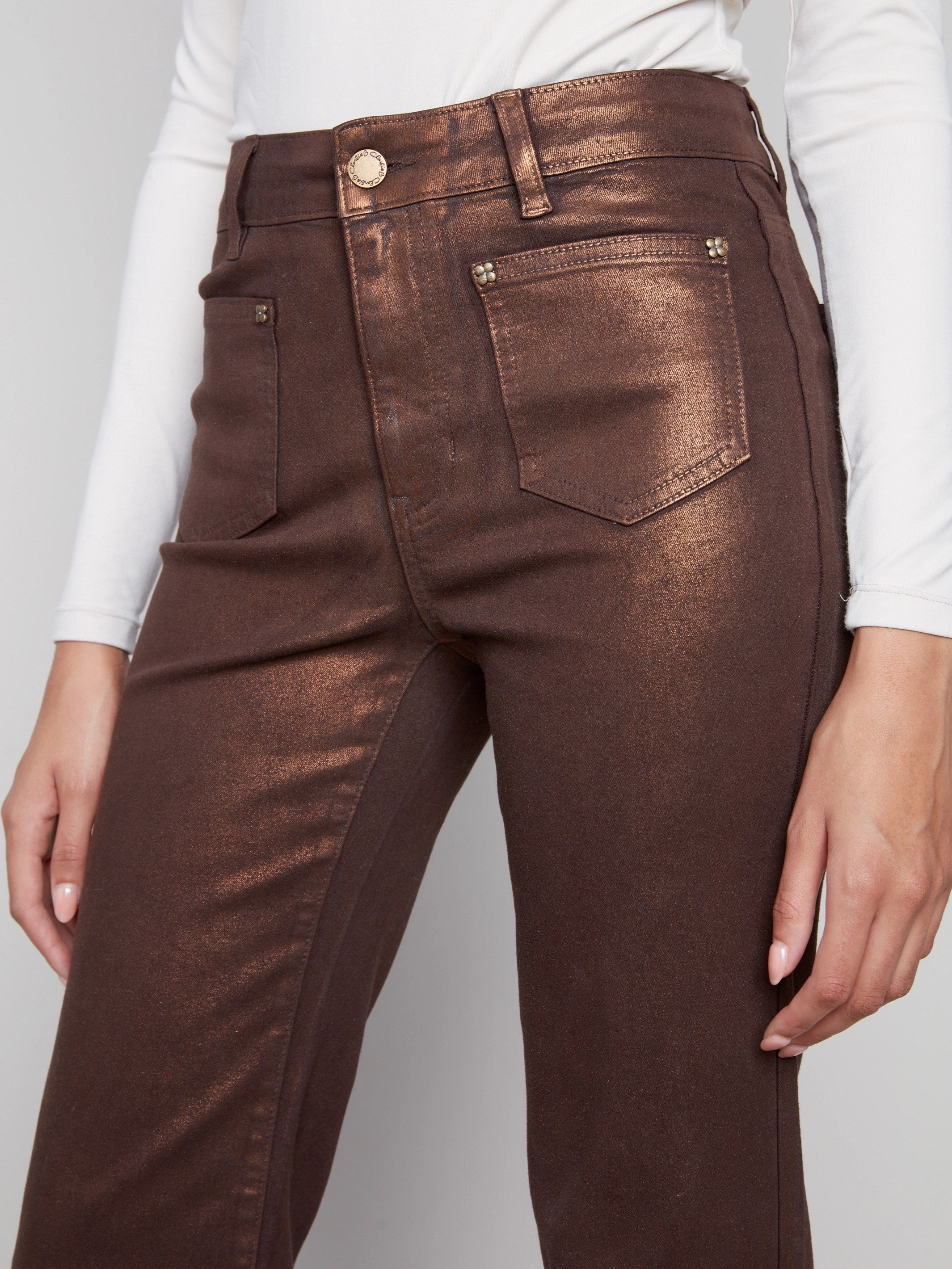 Patch Pocket Flare Metallic Twill Pants With Rivets - Bronze Beach Day Brunch Outfit Elegant