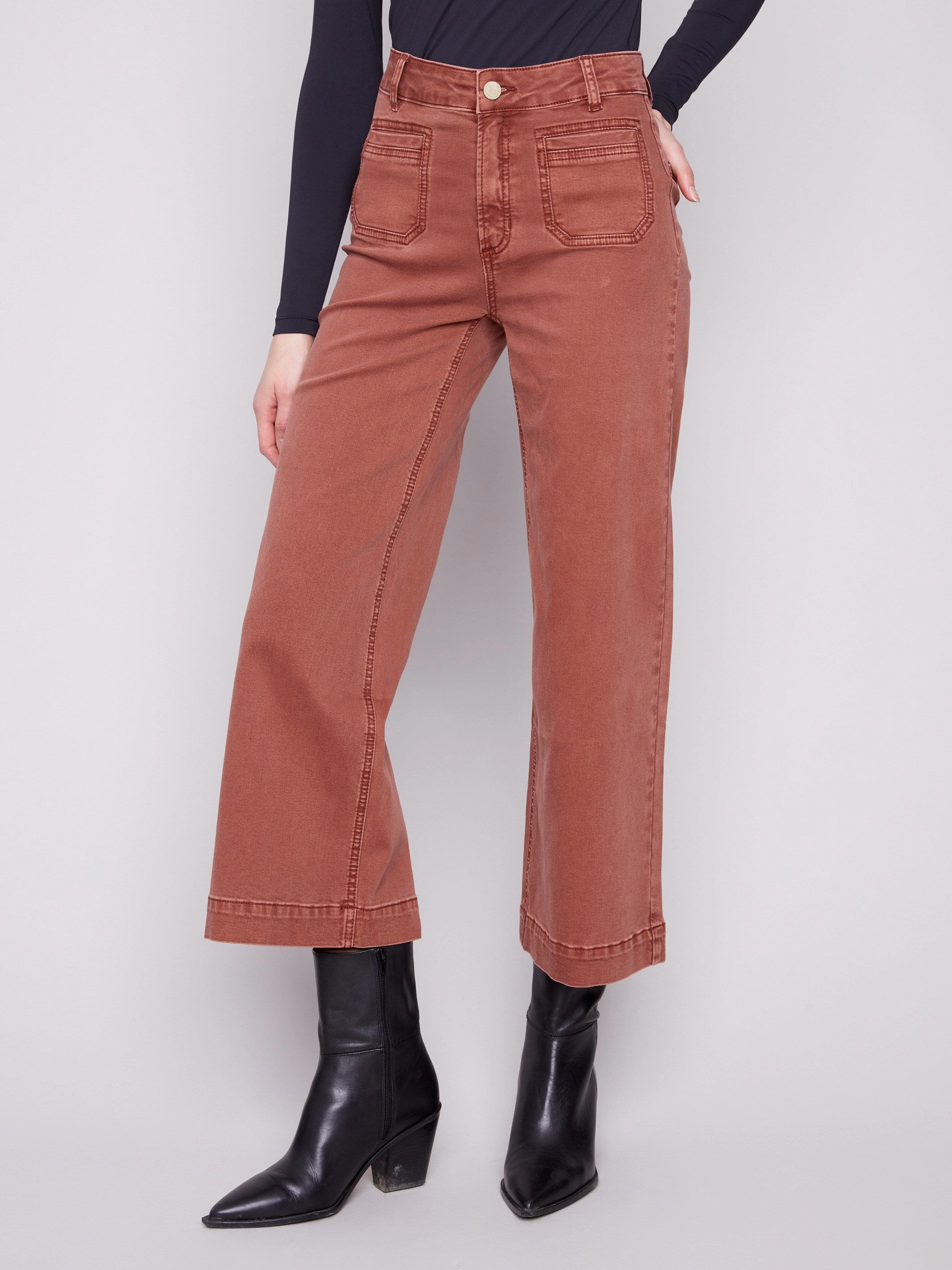 Stay Comfortable Easy Care Patch Pocket Flare Twill Pants - Sepia