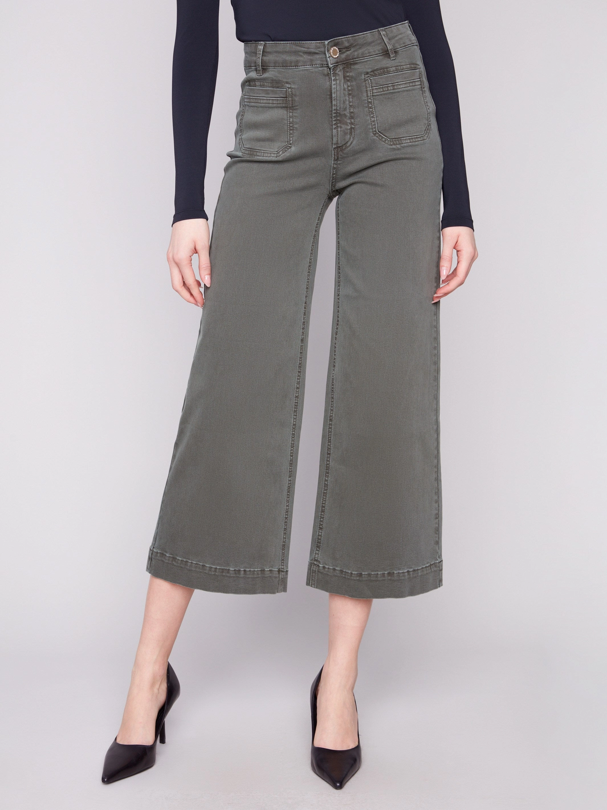 Patch Pocket Flare Twill Pants - Spruce Trend Setter Chill Outfit Student Outfit