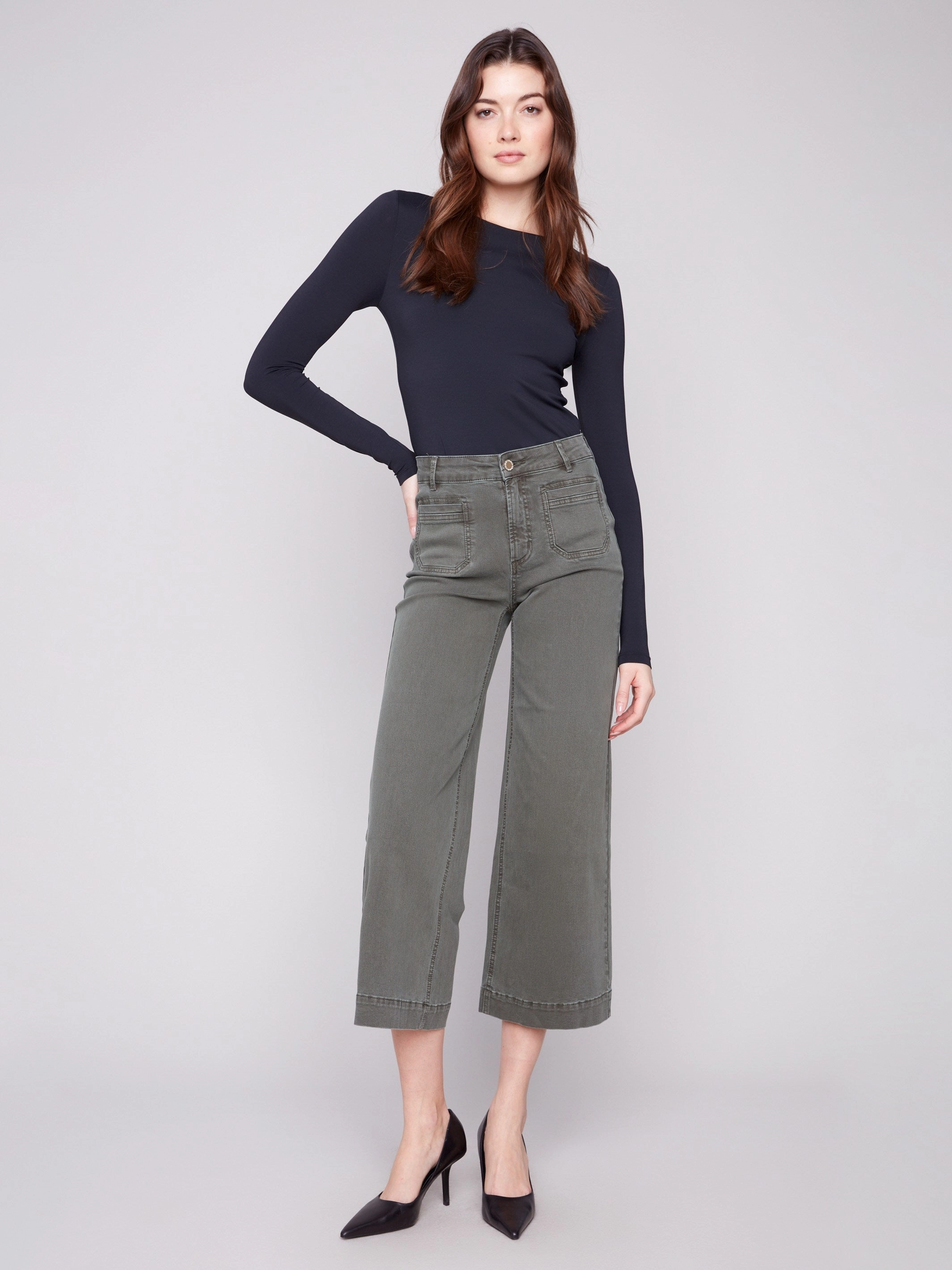 Modern Straight Leg Patch Pocket Flare Twill Pants - Spruce