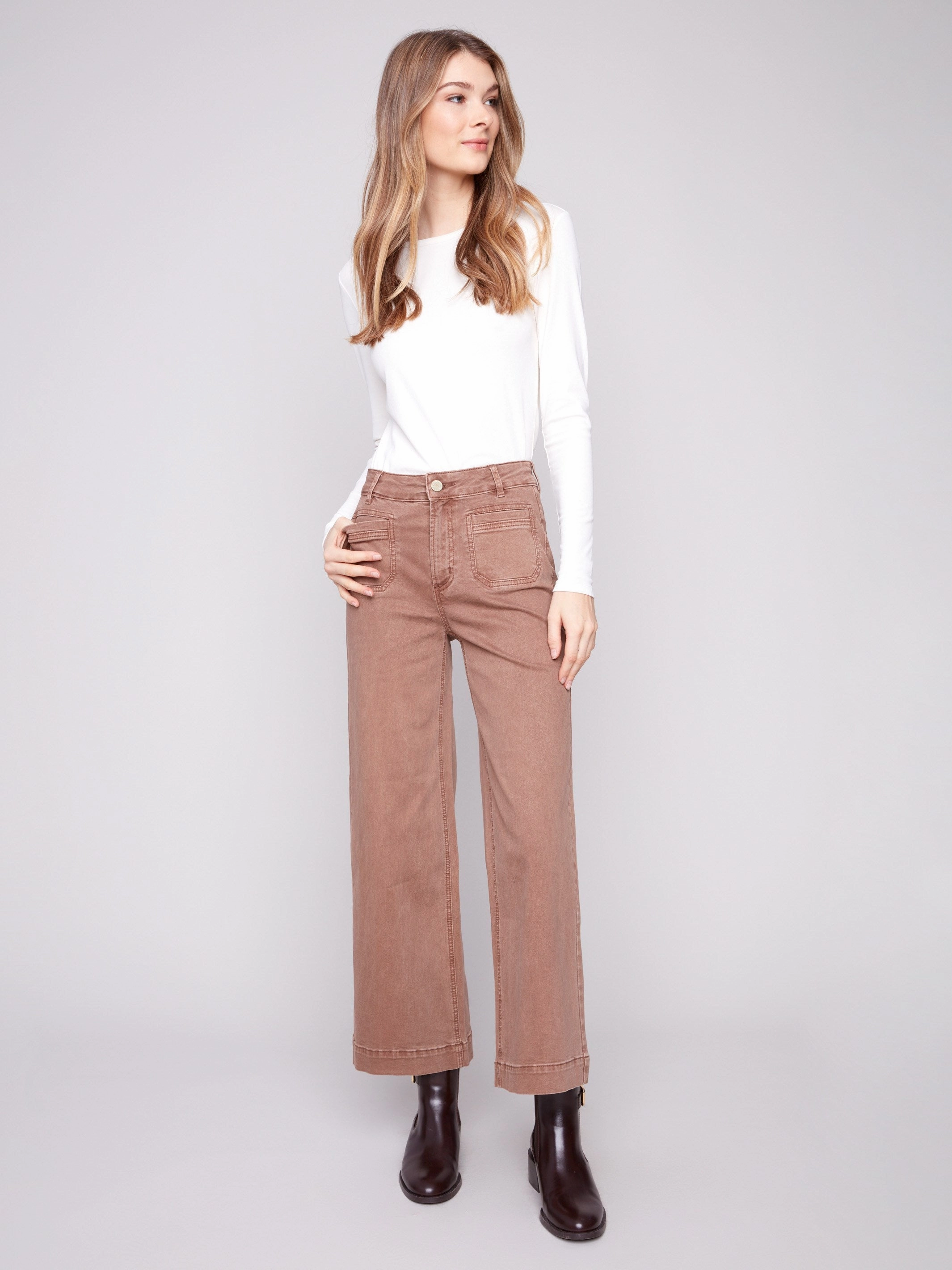 Patch Pocket Flare Twill Pants - Truffle Date Night Sustainable