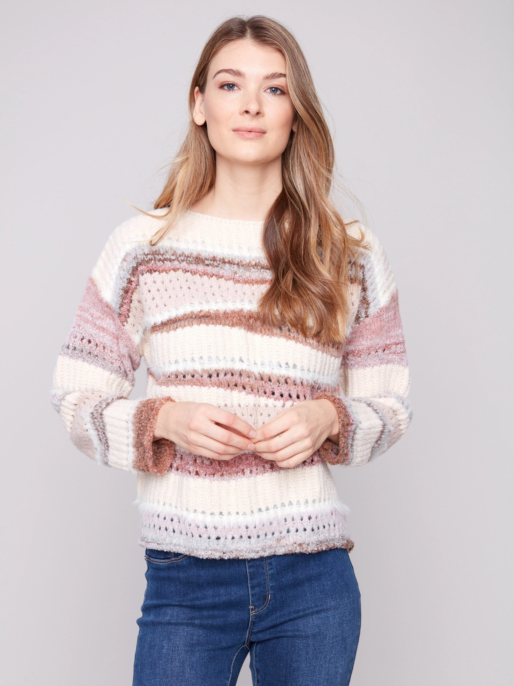 Patchwork Knit Drop Shoulder Sweater - Fig Button up