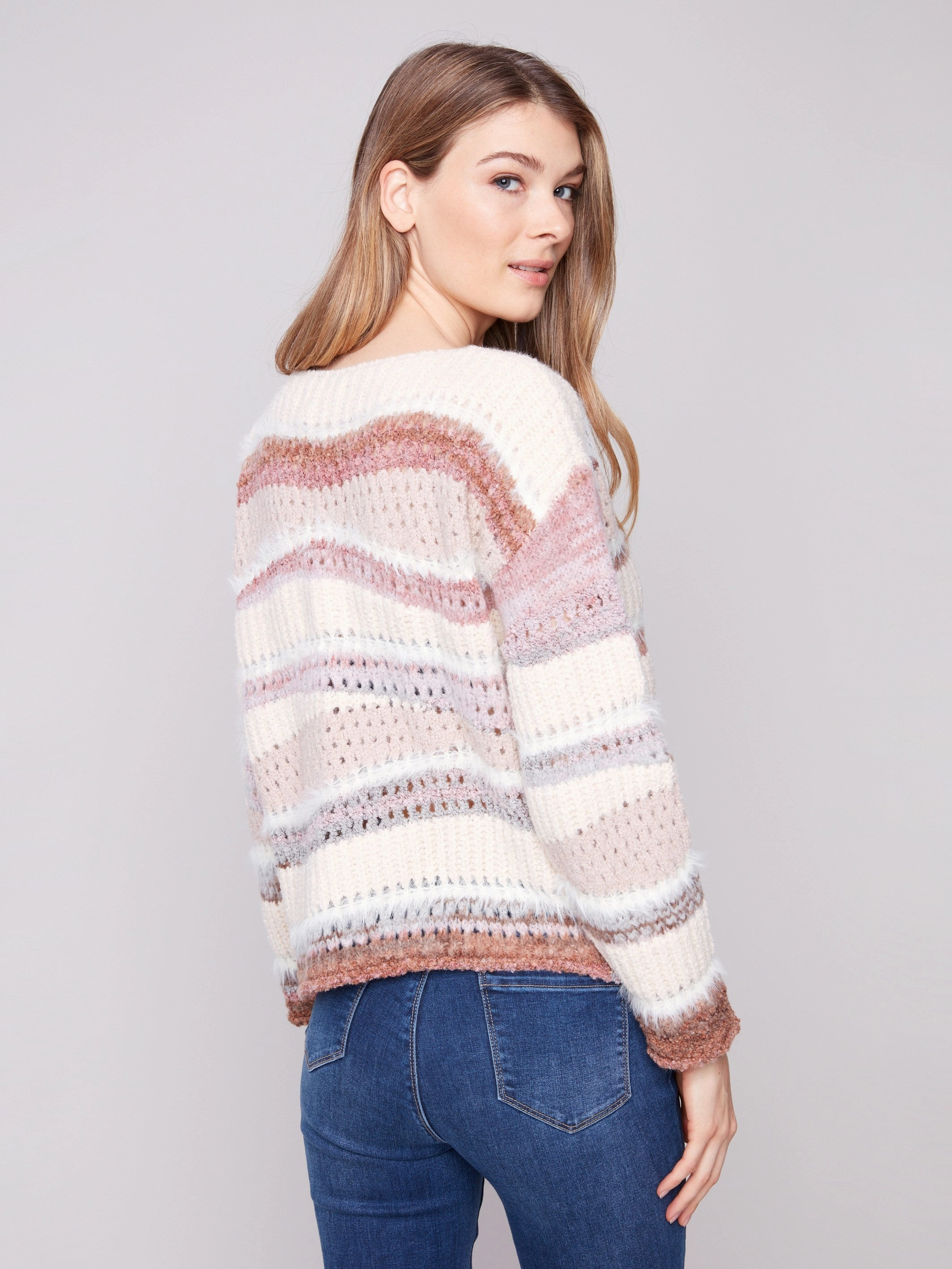 Home Relaxation Fuzzy Patchwork Knit Drop Shoulder Sweater - Fig