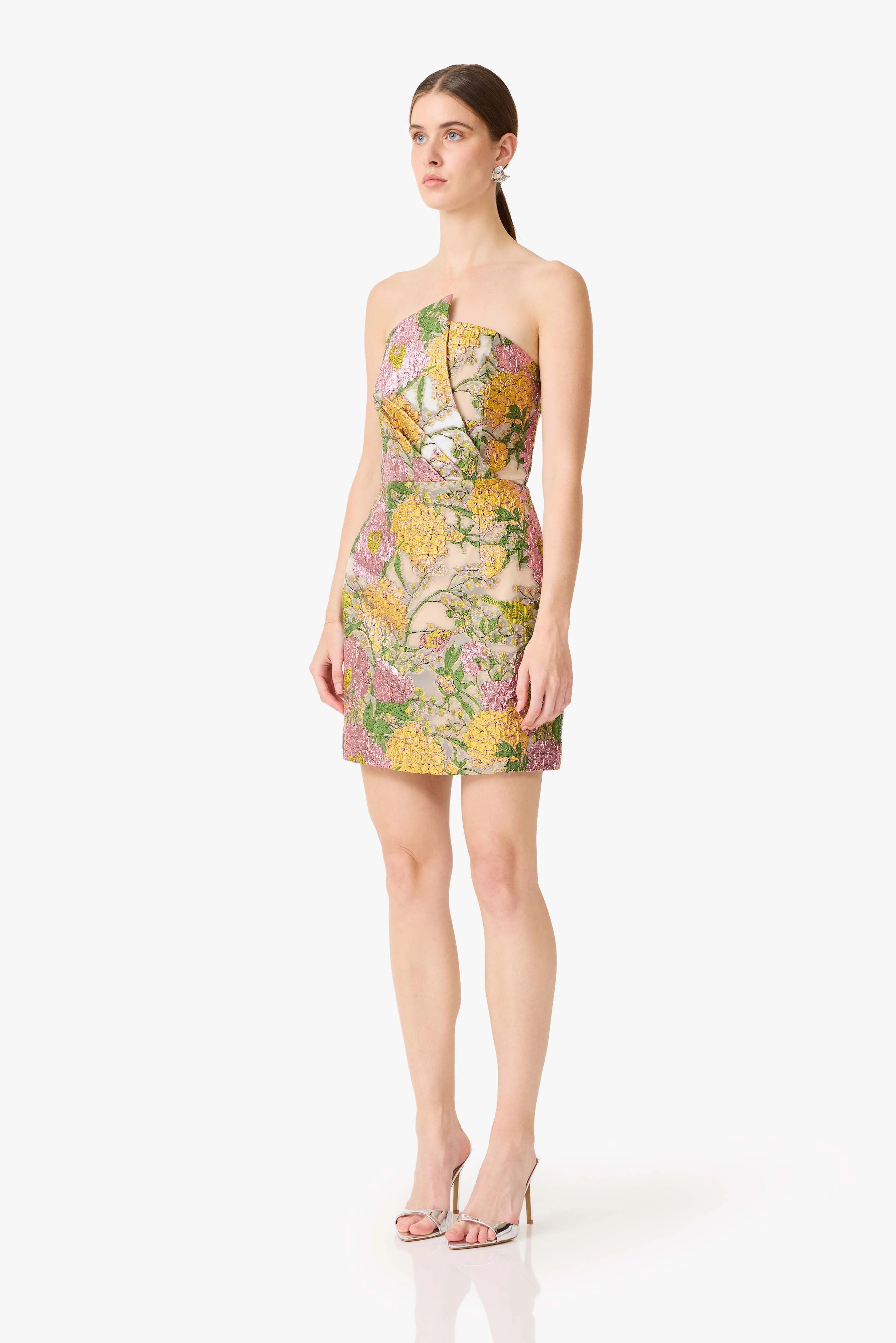 Sleek And Stylish Wide Hemline Patricia Strapless Mini Dress in Gold & Purple Floral