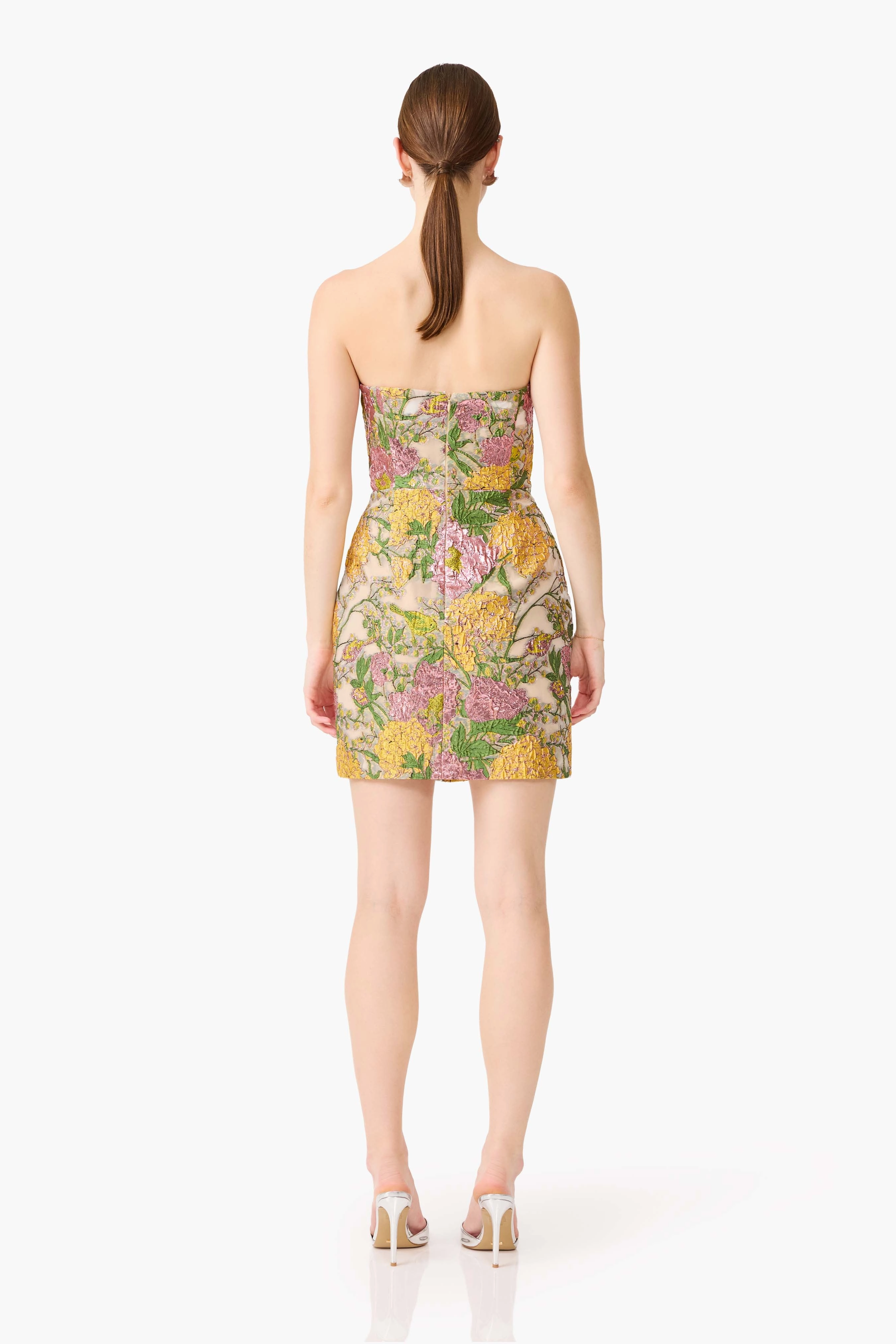 Patricia Strapless Mini Dress in Gold & Purple Floral Neat Finish Stylish Waistband Design