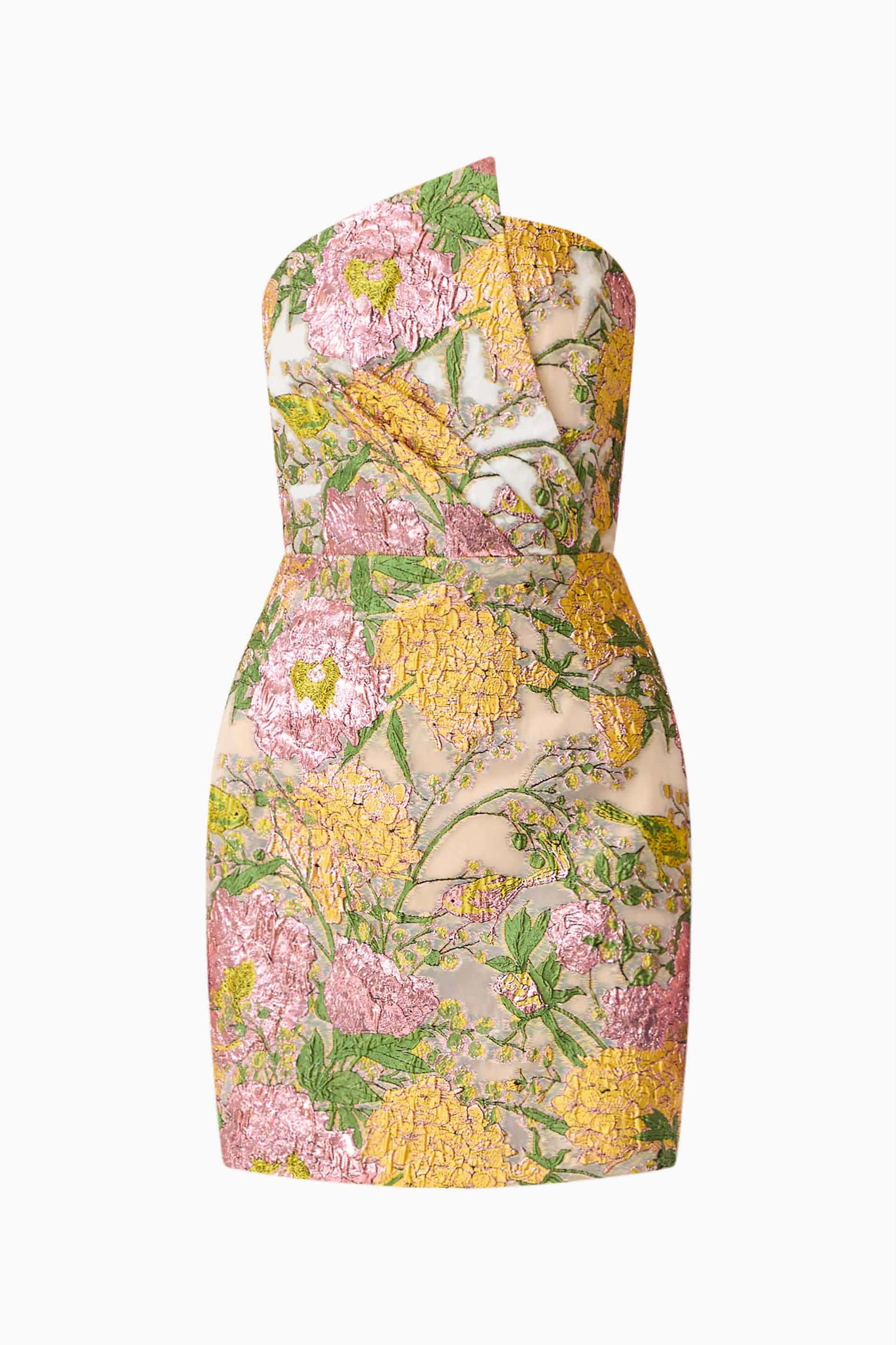Patricia Strapless Mini Dress in Gold & Purple Floral Comfortable and Chic