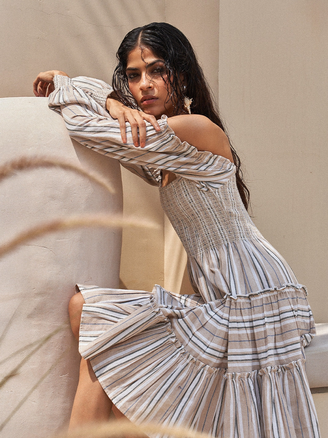 Zip Ease Coral Soft Smocking Stripe Dress