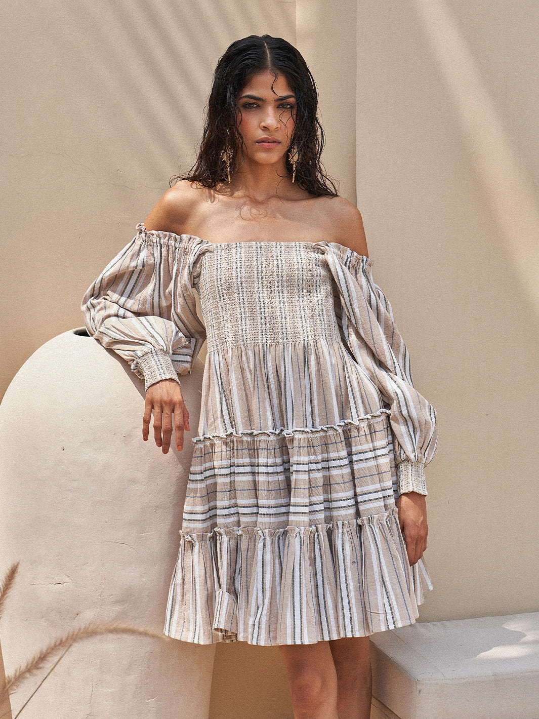 Smocking Stripe Dress Smart Style Sleek Movement