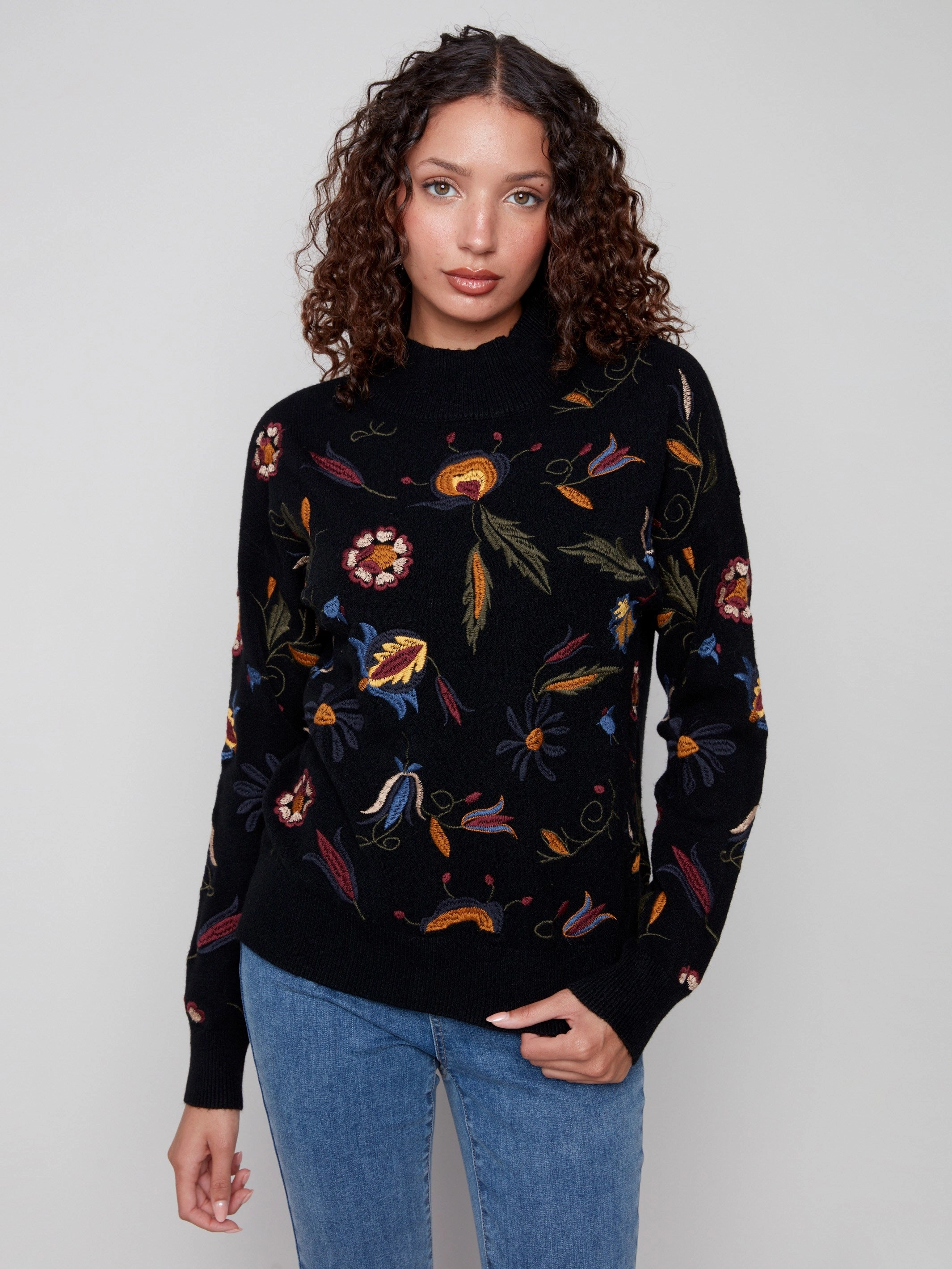 Embroidered Mock Neck Sweater - Black Staircase