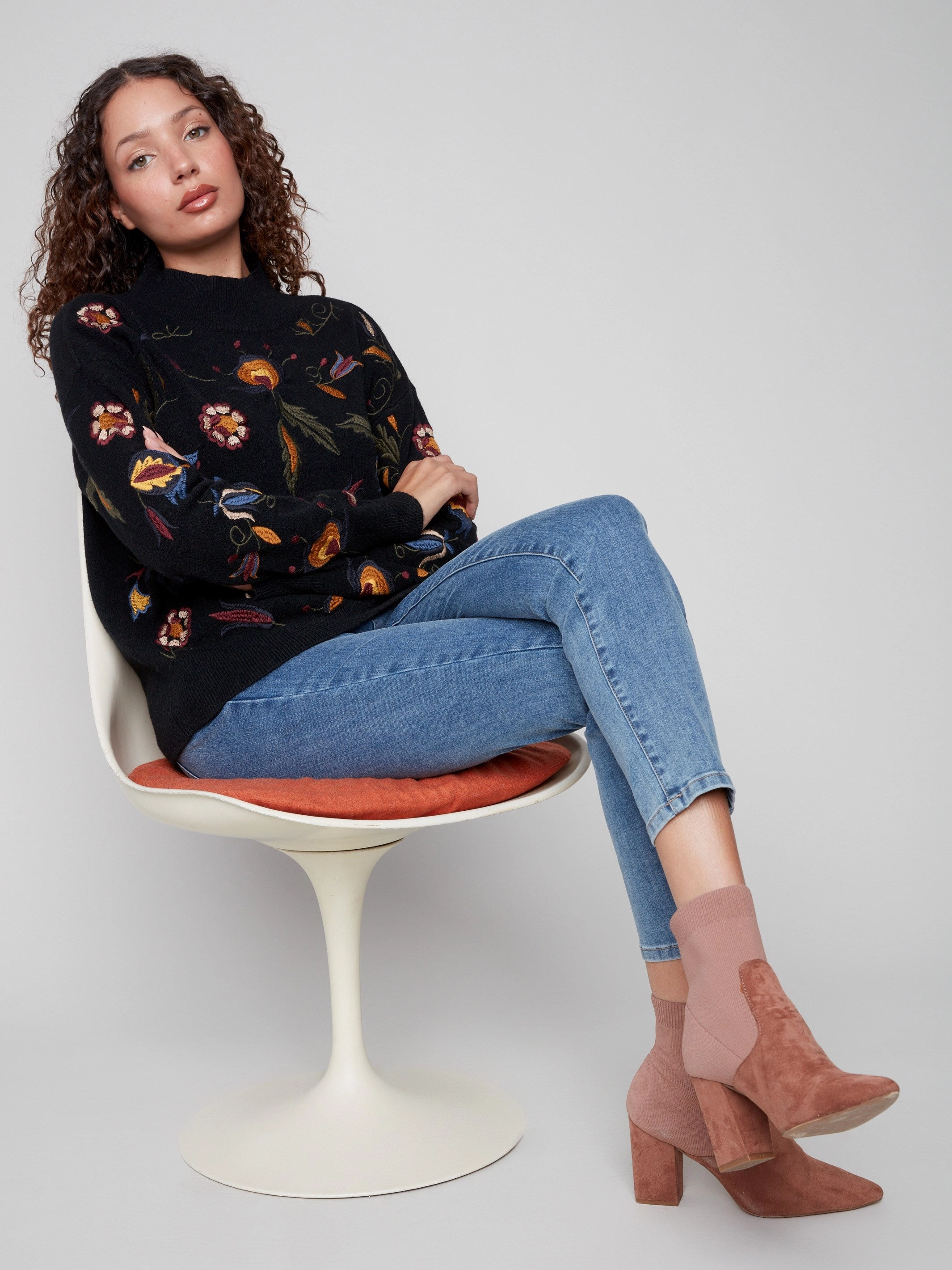 Embroidered Mock Neck Sweater - Black heeled