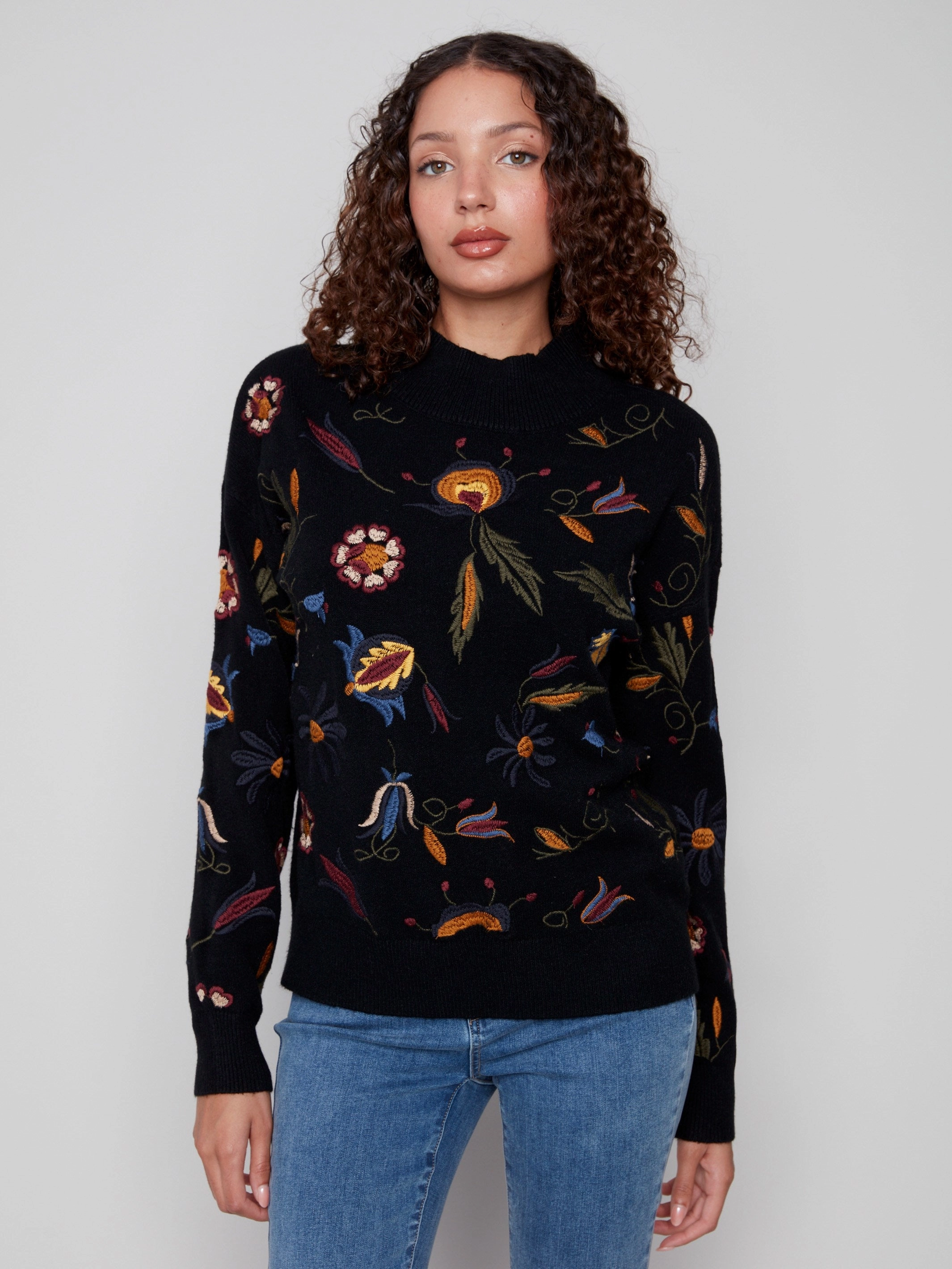 Hand wash recommended Embroidered Mock Neck Sweater - Black
