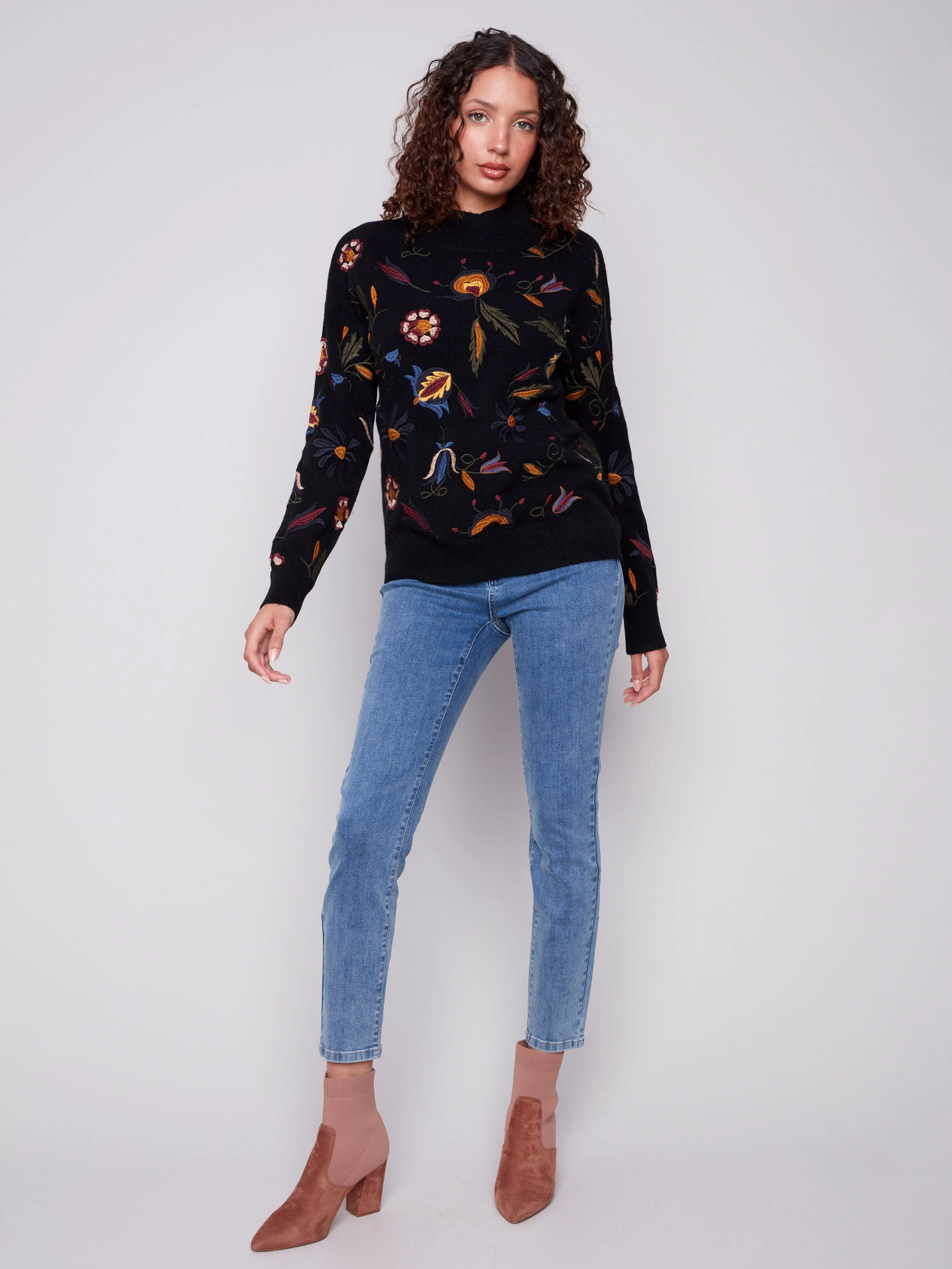 Embroidered Mock Neck Sweater - Black Hobby Reader