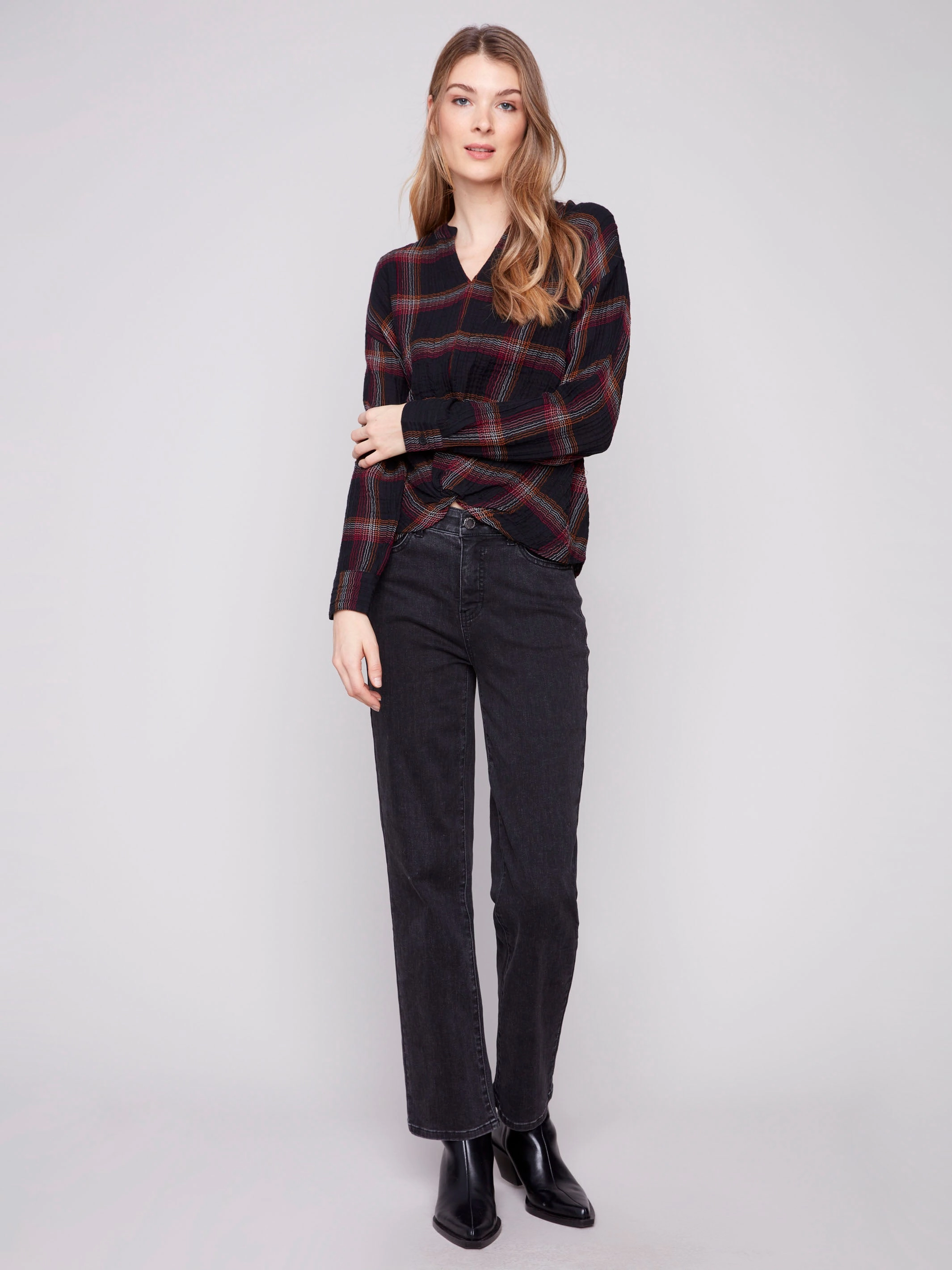 Plaid Double Gauze Blouse With Front Knot - Fuschia hiker Actor